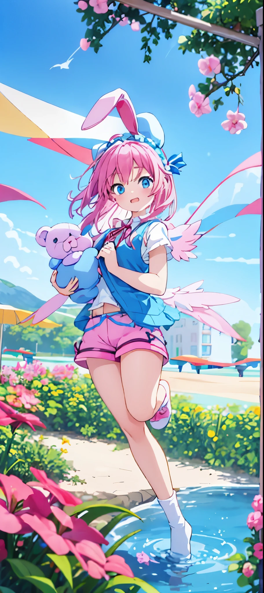 1 girl pink hair blue eyes blue hat cup with pink bunny ears, wings on the back, blue and white Vest with shorts with red ribbon holding a bear stuffed rabbit