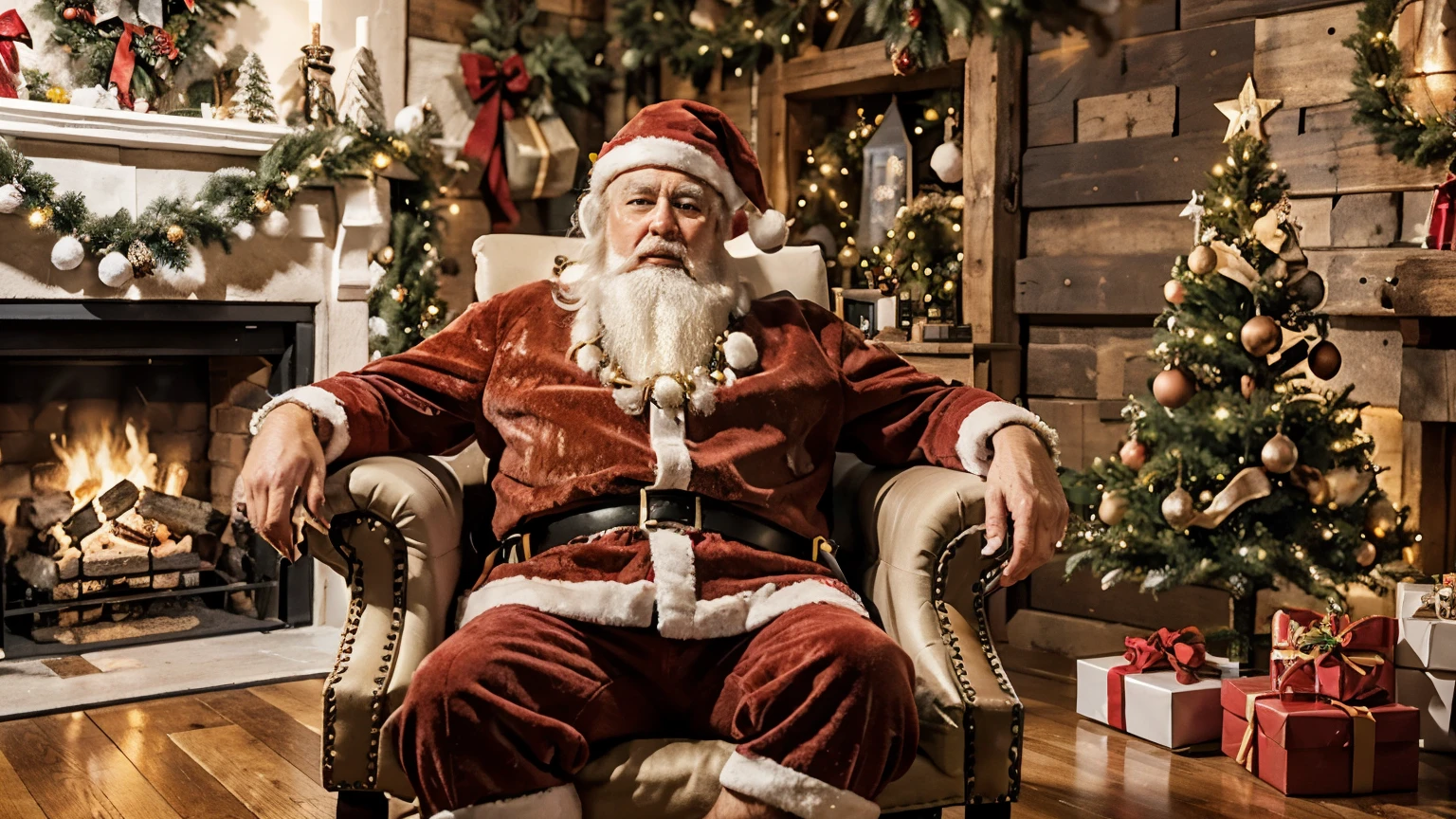 Papai Noel sitting in a chair with a christmas tree in the background, sentado no Papai Noel, santa, Papai Noele, Papai Noel, 🕹️ 😎 🔫 🤖 🚬, he is greeting you warmly, imagem de alta qualidade, 💋 💄 👠 👗, in a comfortable chair, holiday season, 🤬 🤮 💕 🎀, santa inside a rustic barn