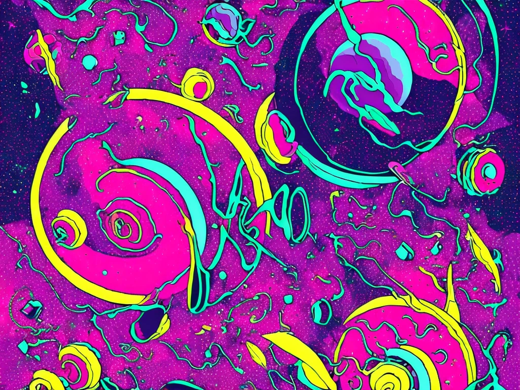 vector art, cosmic space, vibrant colors, abstract shapes, digital masterpiece, high resolution, neon lights, interstellar travel, futuristic aesthetics, celestial bodies, psychedelic atmosphere