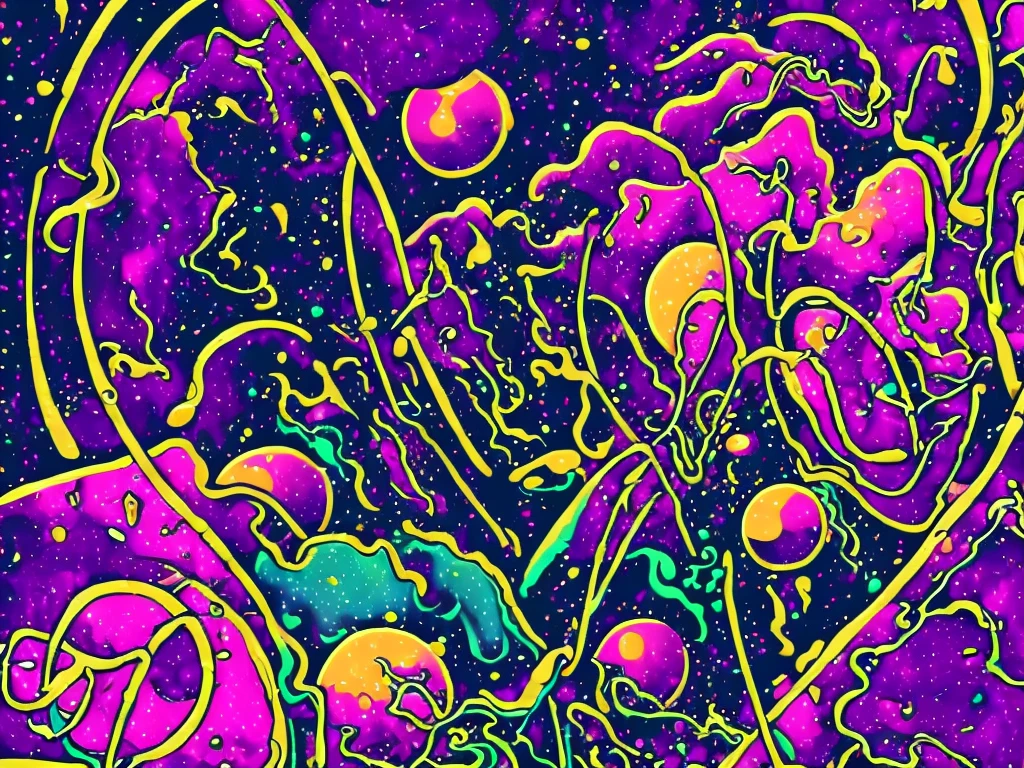 vector art, cosmic space, vibrant colors, abstract shapes, digital masterpiece, high resolution, neon lights, interstellar travel, futuristic aesthetics, celestial bodies, psychedelic atmosphere