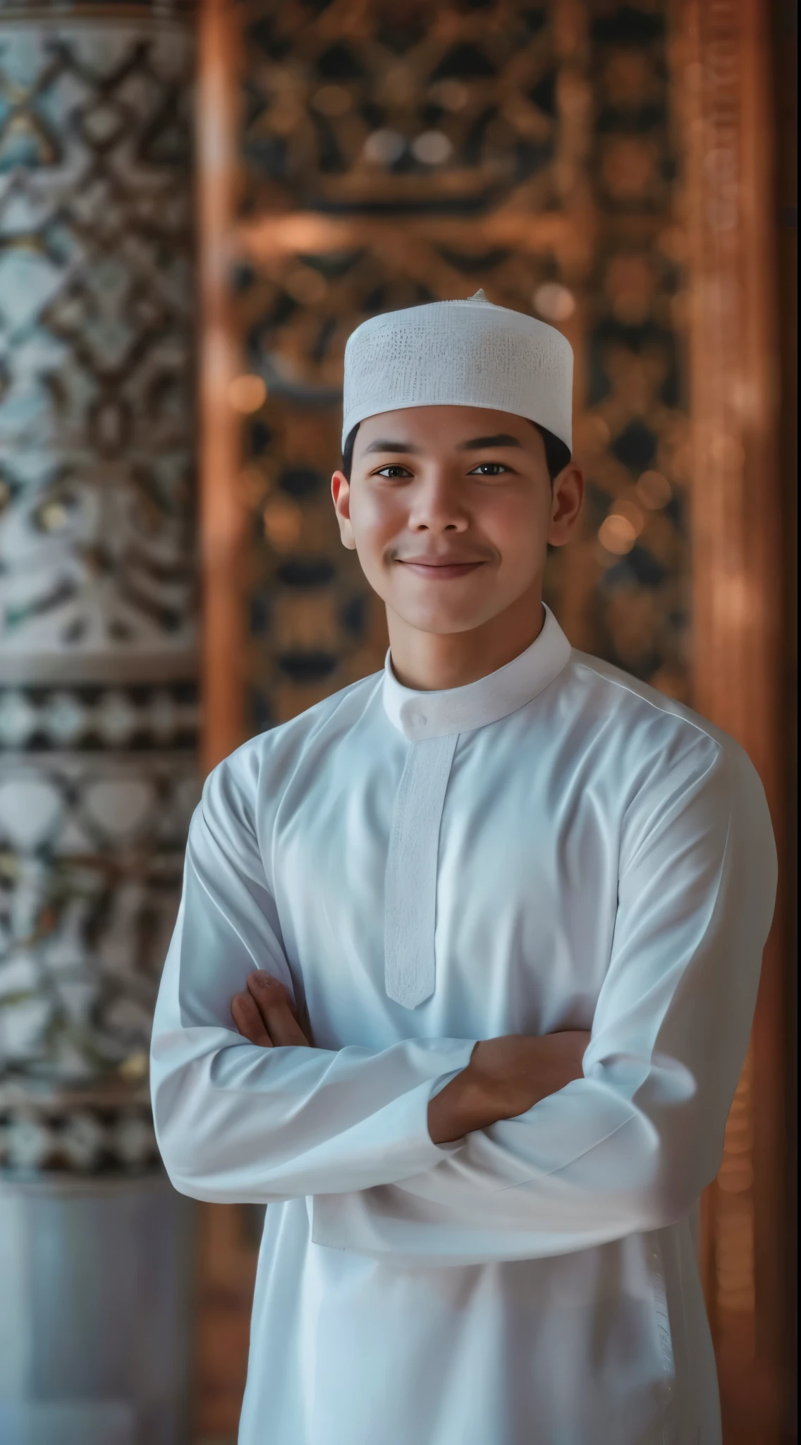 a young indonesian man sitiing on the desk with islamic gamis in dessert background