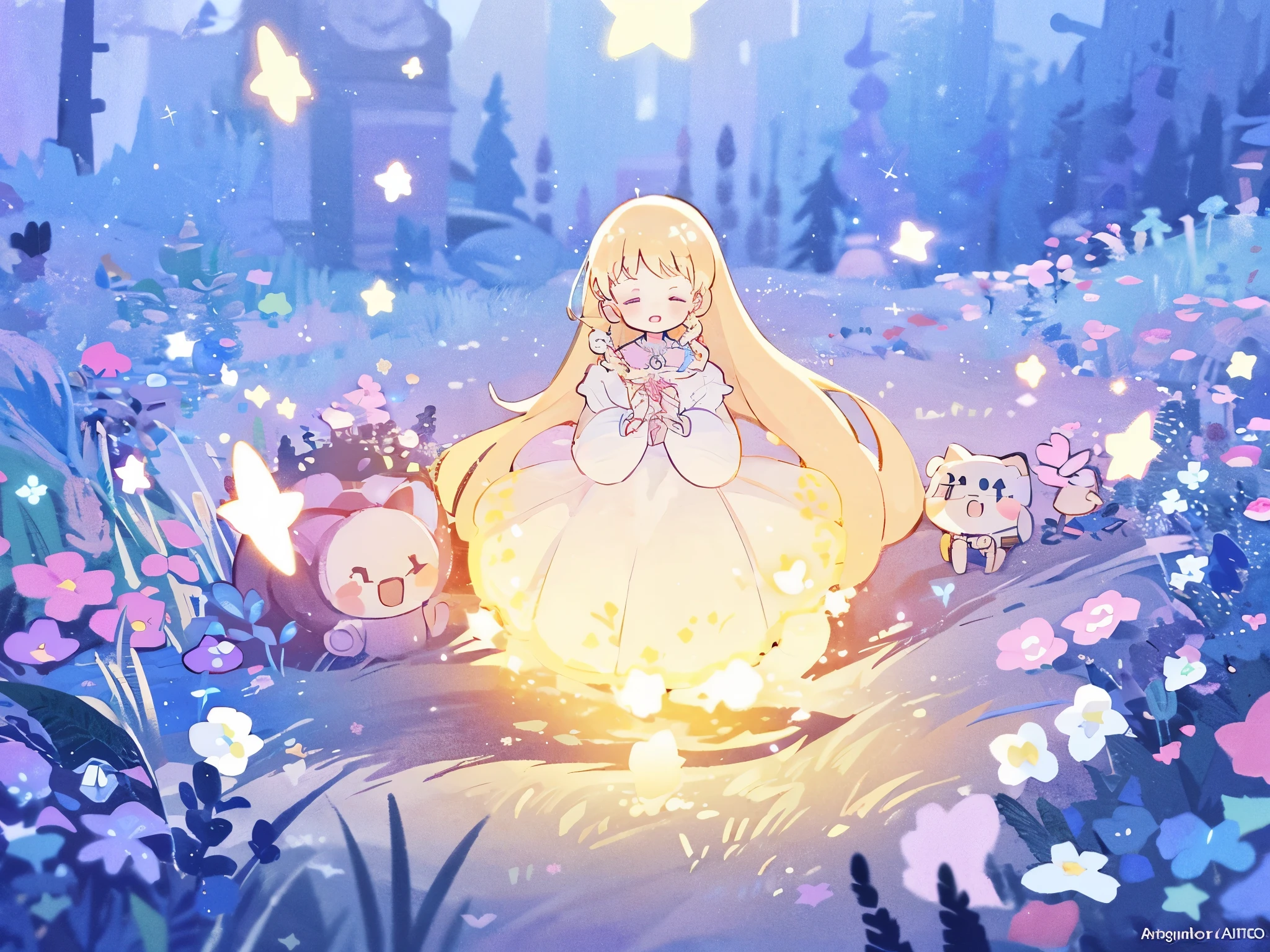 complex background, wishing star background, a woman wearing an ethereal mystical pink translucent dress that reflects the stars, perfume promo art, mystic, complex drawing, highly detailed, Covergirl brand, promo art, artistic rendition, ethereal, starry night, midjourney style, flowers, plants, magical star garden