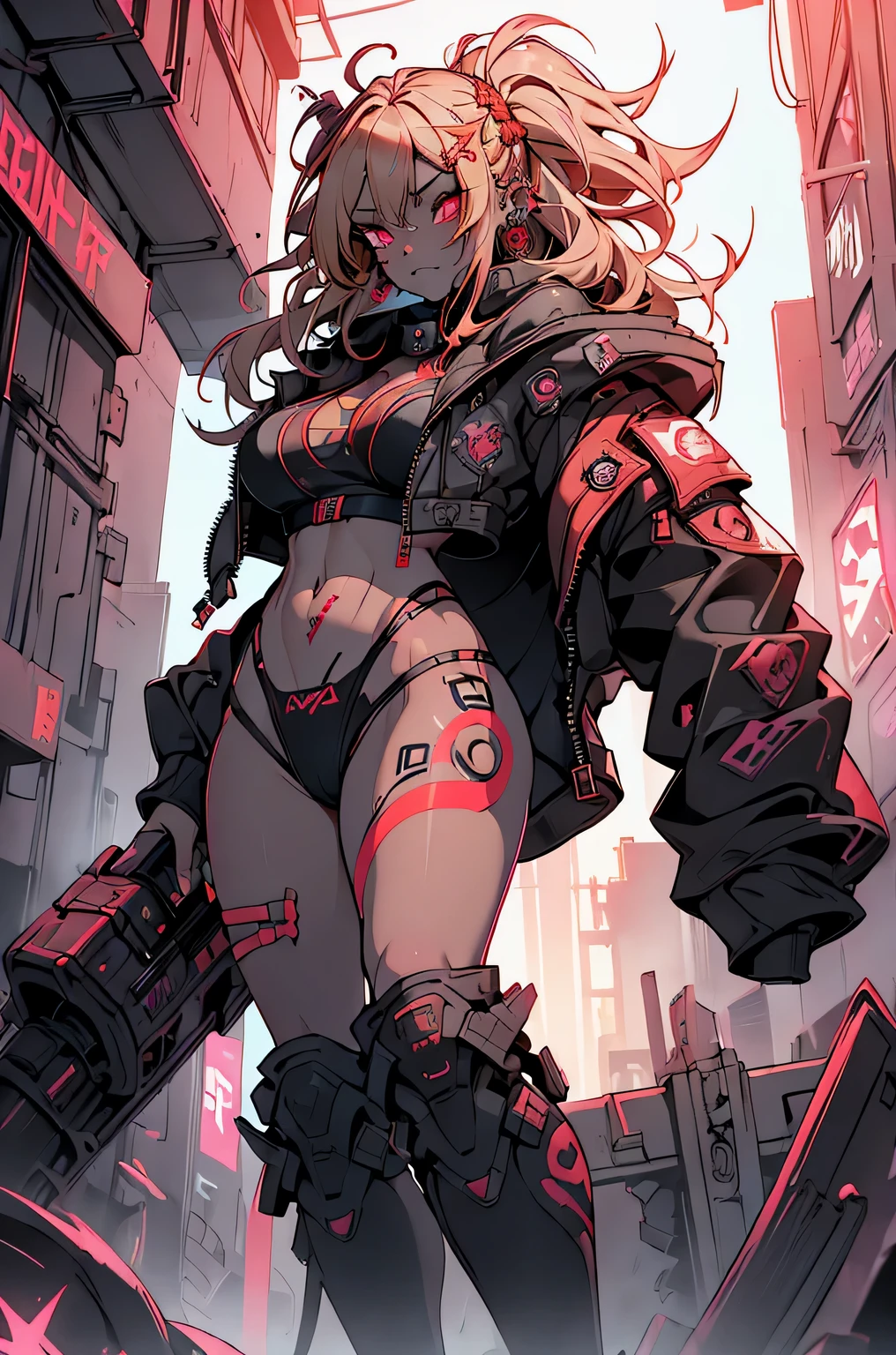 1girl, rebecca \(cyberpunk\), full body, solo, blonde braid hair, glowing red eyes,laugh fearlessly, leg tattoo, neck tattoo,  large chest, black bra, thong, red pupils, skin fang, red eyes, black jacket, carry a big hammer on your shoulder、dynamic angle、dynamic pose、