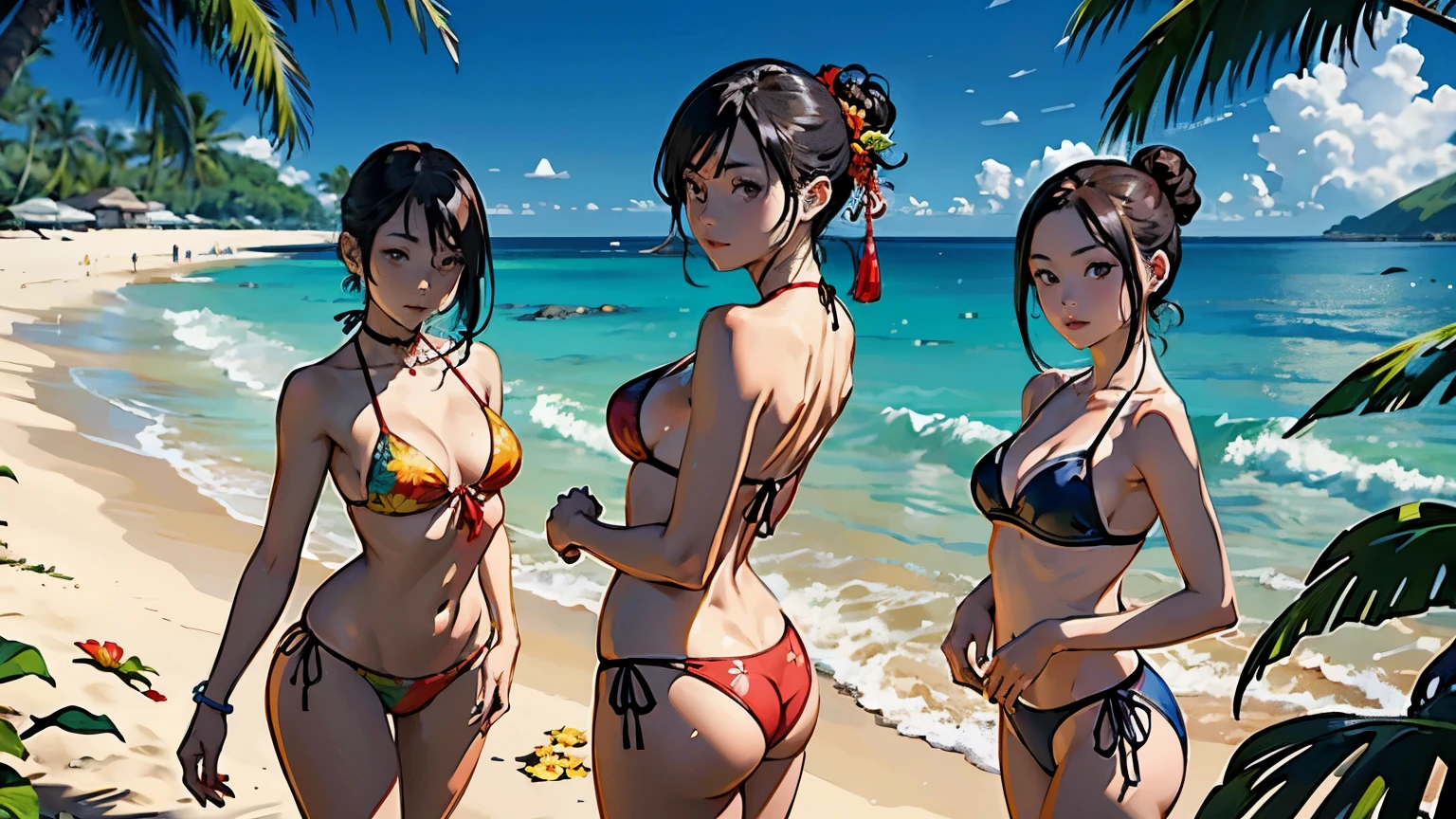 ((highest quality, masterpiece, High resolution))、beautiful japanese woman、((anime art))、 ((3 women))、18-year-old、(the three of us are good friends)、(Dancing on the beach)、 (Detailed depiction of a beautiful face)、smile gently、realistic face、 small breasts、slim body shape、medium short hair、semi-long、bun hair、Wet see-through bikini、bikini swimwear、one piece swimsuit、Wrap your waist in fabric with bold ethnic patterns and plenty of primary colors.。.、realistic skin、Wet、whole body、(Beautiful tropical beach landscape photography)、cinematic light、tropical、(flowers on the beach)、Against the background of palm trees、on a sunny beach、With the sea in the background、squall、rainbow、blur background、