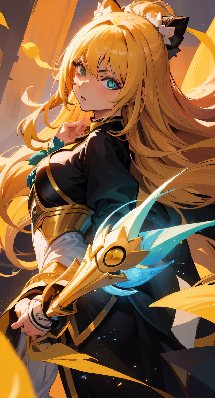 Garota anime com cabelo loiro longo e cabelo amarelo em uma roupa preta, portrait knights of the zodiac girl, artegerm JSC, portrait of a female anime heroine, inspirado em Yang J, artegerm extremamente detalhado, estilo artegerm, Senna de League of Legends, Modelo IG | artegerm, artegerm e Atey Ghailan, rossdraw desenho animado vibrante, olhos azuis, olhos verdes bem trabalhados arte muito detalhada