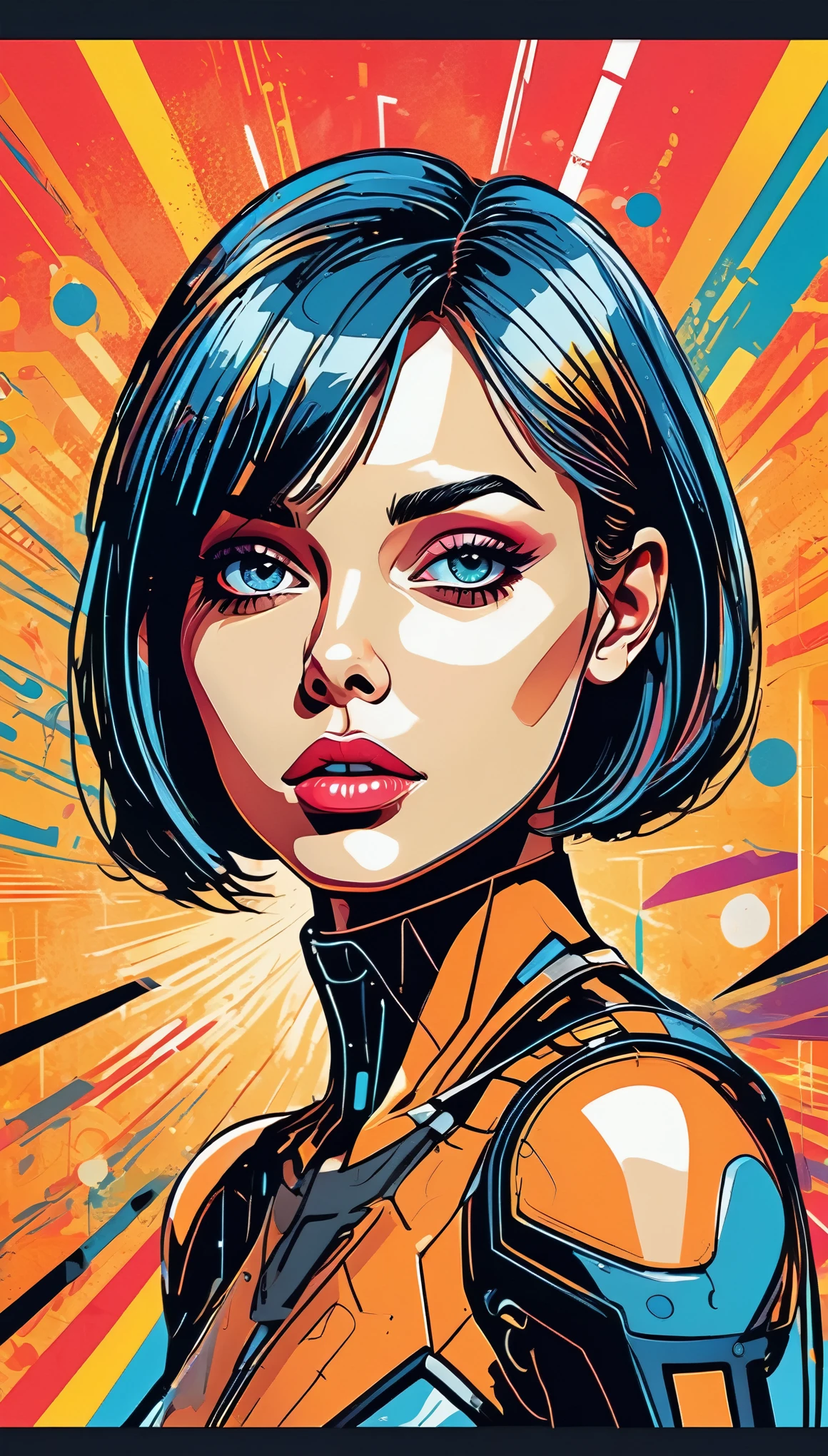 Vector Art,pop Art style abstract style ,collage, Sci-Fi Theme, collage style , mixed media, layered, textural, detailed, artistic, Cool color guide,,a perfect pretty girl,slim,shoulder length straight bob hair, Tracing the lines of a magical glyph, activating its hidden potential,
Ultra High Resolution, wallpaper, 8K,Rich texture details, hyper detailed, detailed background, detailed eyes,dramatic angle, epic composition,professional lighting,
SimplepositiveXLv1 . non-representational, colors and shapes, expression of feelings, imaginative, highly detailed . bright colors, bold outlines, popular culture themes, ironic or kitsch