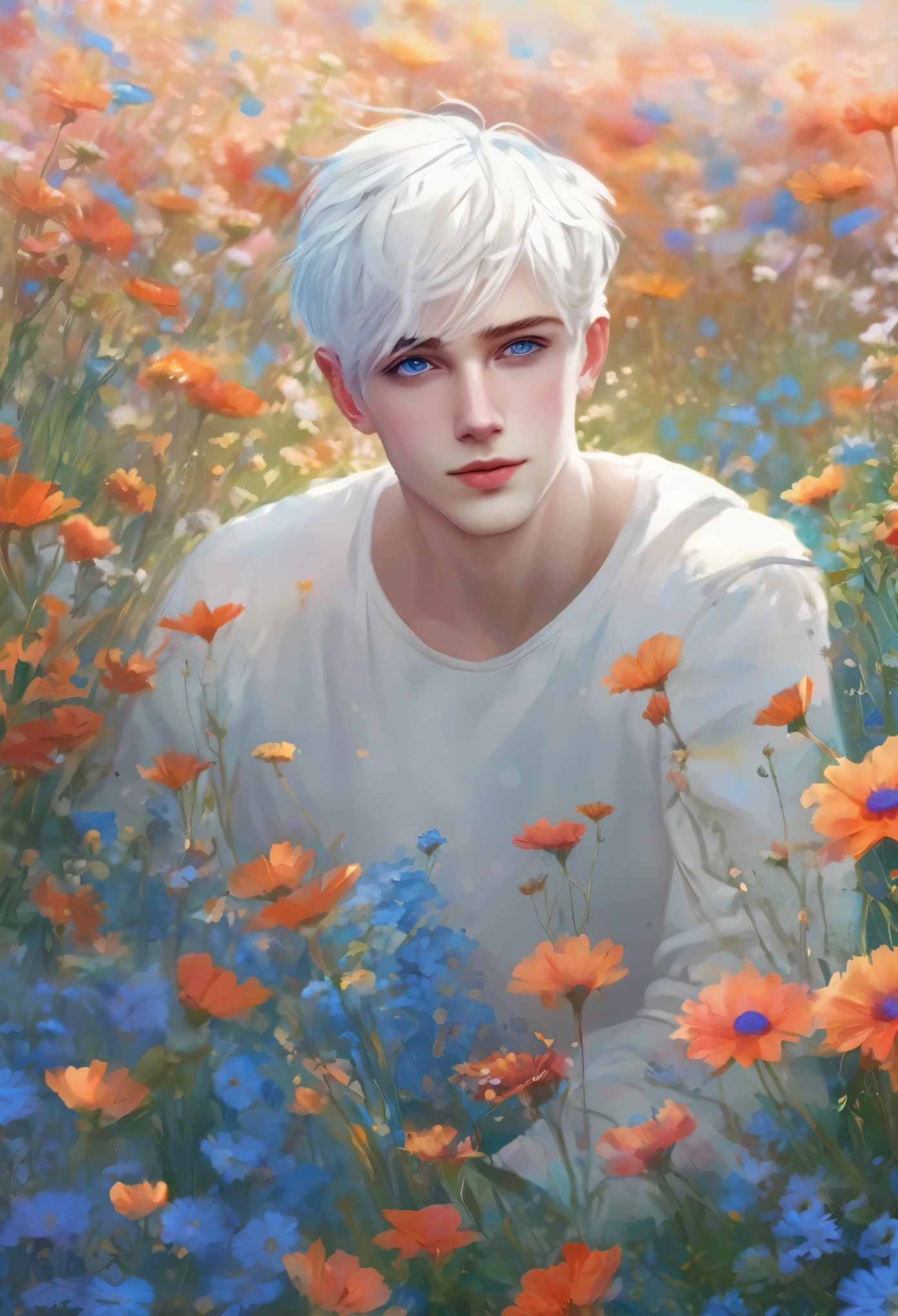 male, slim, short white hair and bright blue eyes with pale skin, pretty face, 5'5ft. cute, shy, cries and gets flustered easily, laying in a blue field of flowers