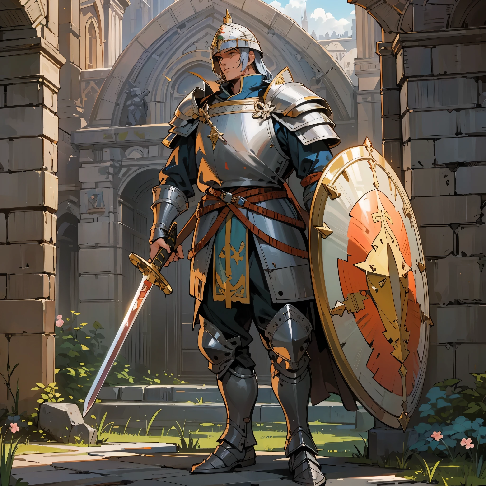 a man(European medieval warrior，Soldier，guardsman)，wearing a helmet，wearing armor，holding sword，Take the shield，Standing at the city gate。Medium shot composition，full body pictures，Characters and scenes，Anime illustration style，HD，4K。