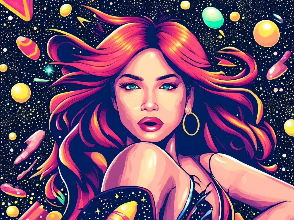 vector art,colorful universe,girl floating,star-filled background,cosmic landscape,happy expression,flowing hair,futuristic outfit,sparkling eyes,detailed lips,masterpiece:1.2,ultra-detailed,realistic,professional,vivid colors,highres,physically-based rendering,hdr lighting