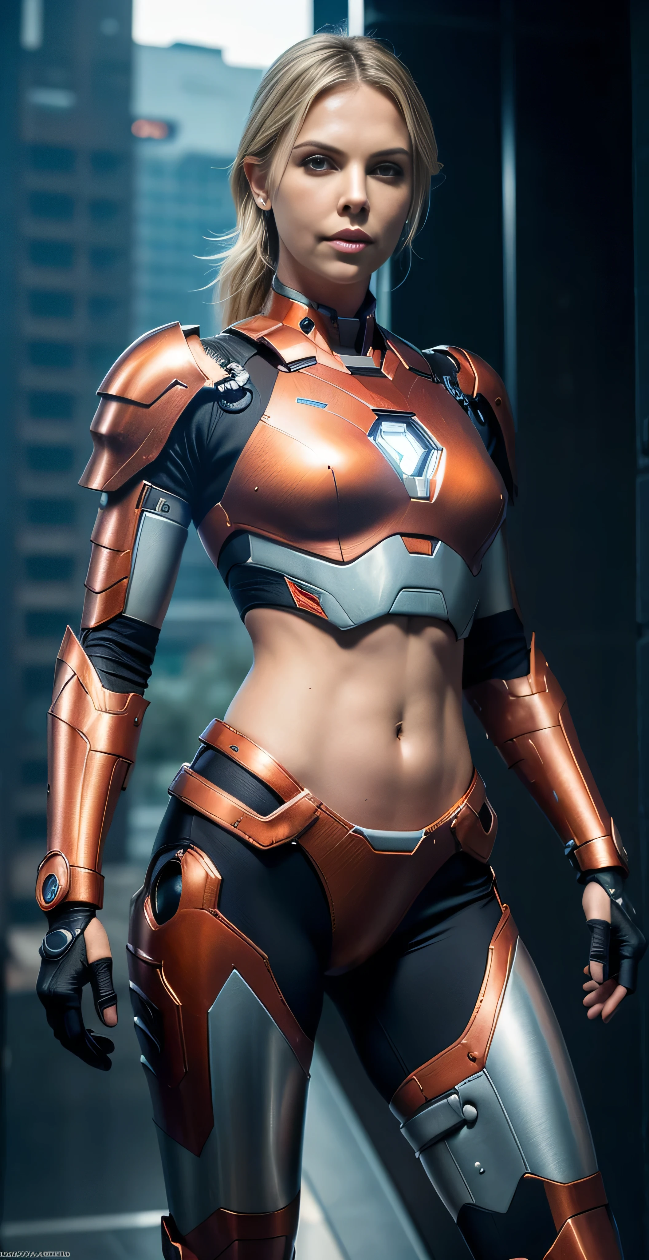 (Charlize-Theron) ((masterpiece, 8K, 3D, Realistic, Super Detail)), (1girl:1.3), slender 17 age, Ultra Micro photography, Super realistic, Perfect face, [:(face detail: 1.4): 0.4], 16K resolution, 4k resolution, The photo was taken from the front, facing the photographer, Foreground photo, dynamic lighting, high-definition resolution, Beautiful features, ((Perfect female body)) Beautiful features, ( body), ((small hip)), (((2 piece Bikini))), Sci-fi futuristic Ironman ((bionic orange chest metal armor suit)), Futuristic soldier, ((Exposed thigh)), Exposed Skin, Front Full body Shot, full body portrait, futuristic city background
