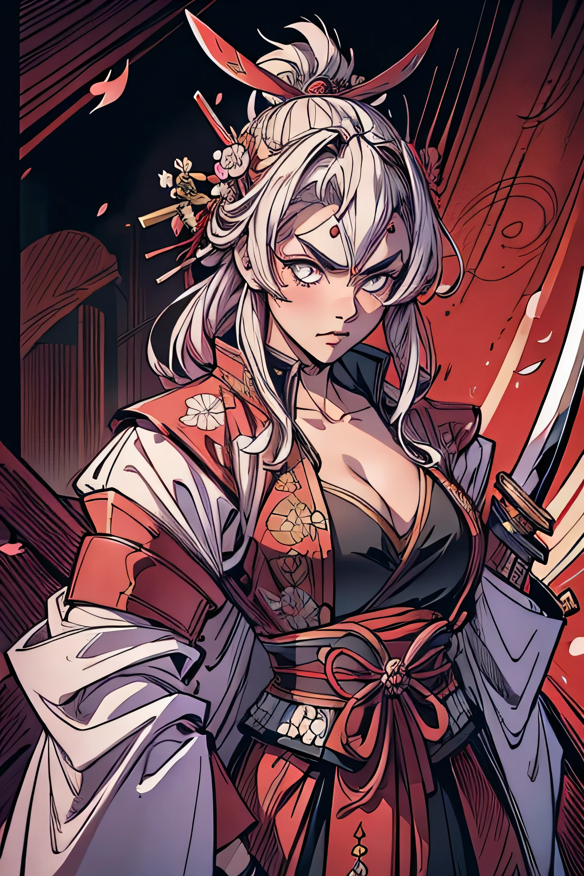 mulher samurai, cabelo branco longo, face of fury, looking directly at the camera, paleta de cores rosa, flores cerejeira, cherry petals, segurando katana, full samurai armor, personagem de costas, looking directly into the camera, close up on face, espadas katanas duplas presas nas costas.
