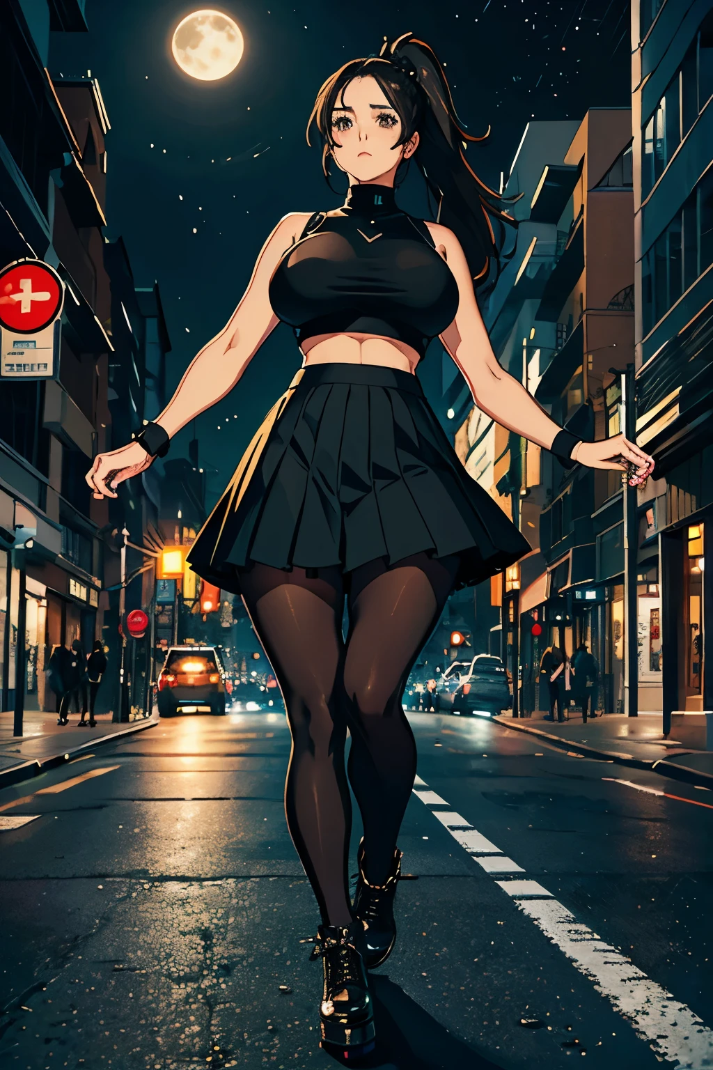 A girl with huge breasts, wide hips, wearing leggings and a pleated skirt, high heels, a sports top, long black hair tied in a ponytail, bright brown eyes, on a random street on a moonlit night, body photo whole,