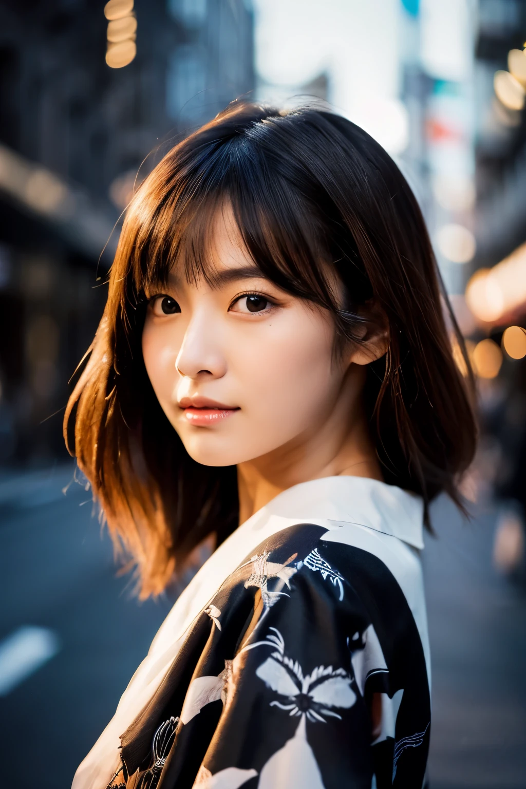 Beautiful Japanese supermodel woman, A lock of hair with slight highlights, black eyes, Sexy,street background,Gorgeous kimono , Liquid color flows across her face, Shooting against the light,Perfect facial lighting,mixed media