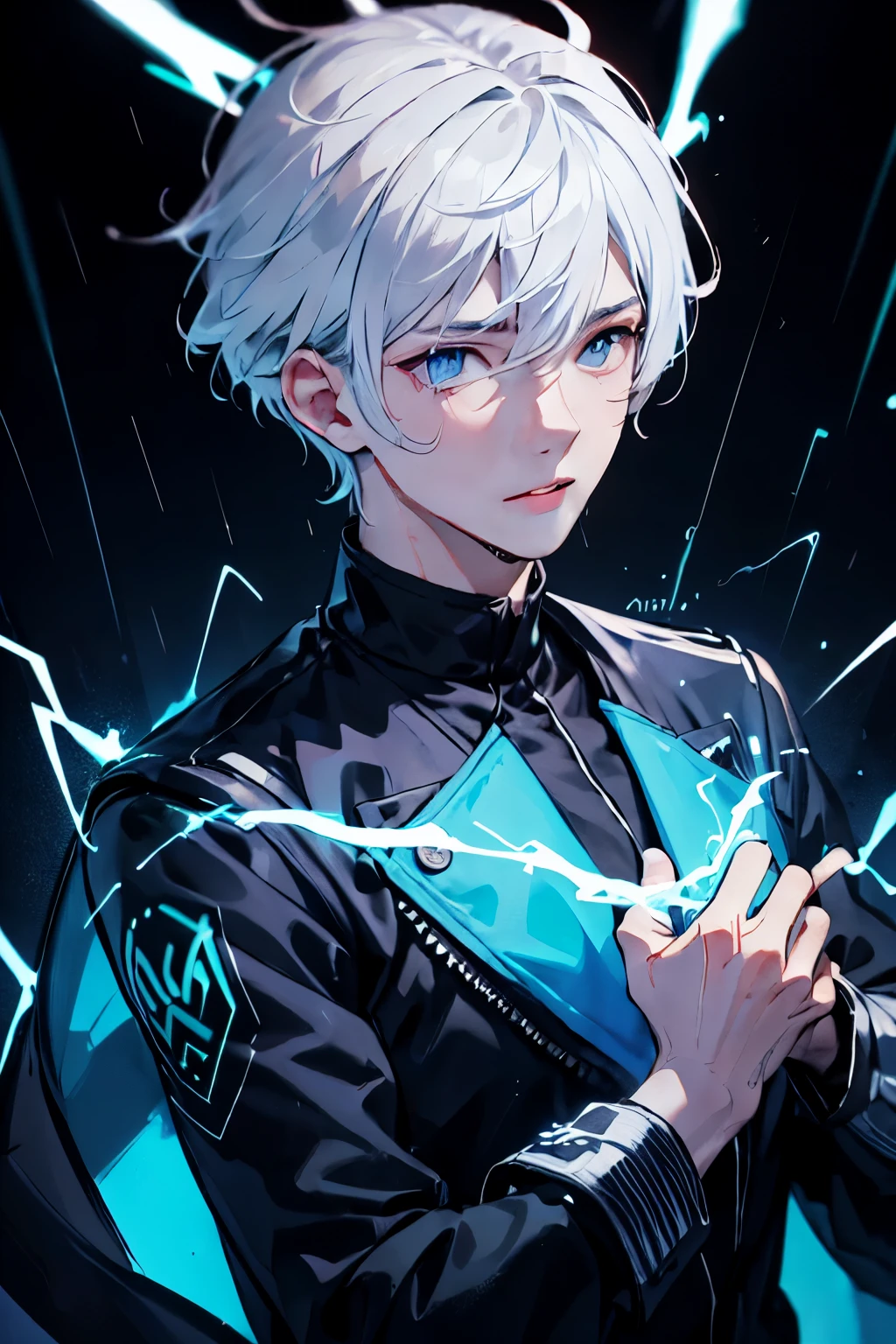 masterpiece,best quality,ultra-detailed,1boy,blue lighting,blue electricity,wrapped in electricity all over the body,black_background,rain,white hair,white