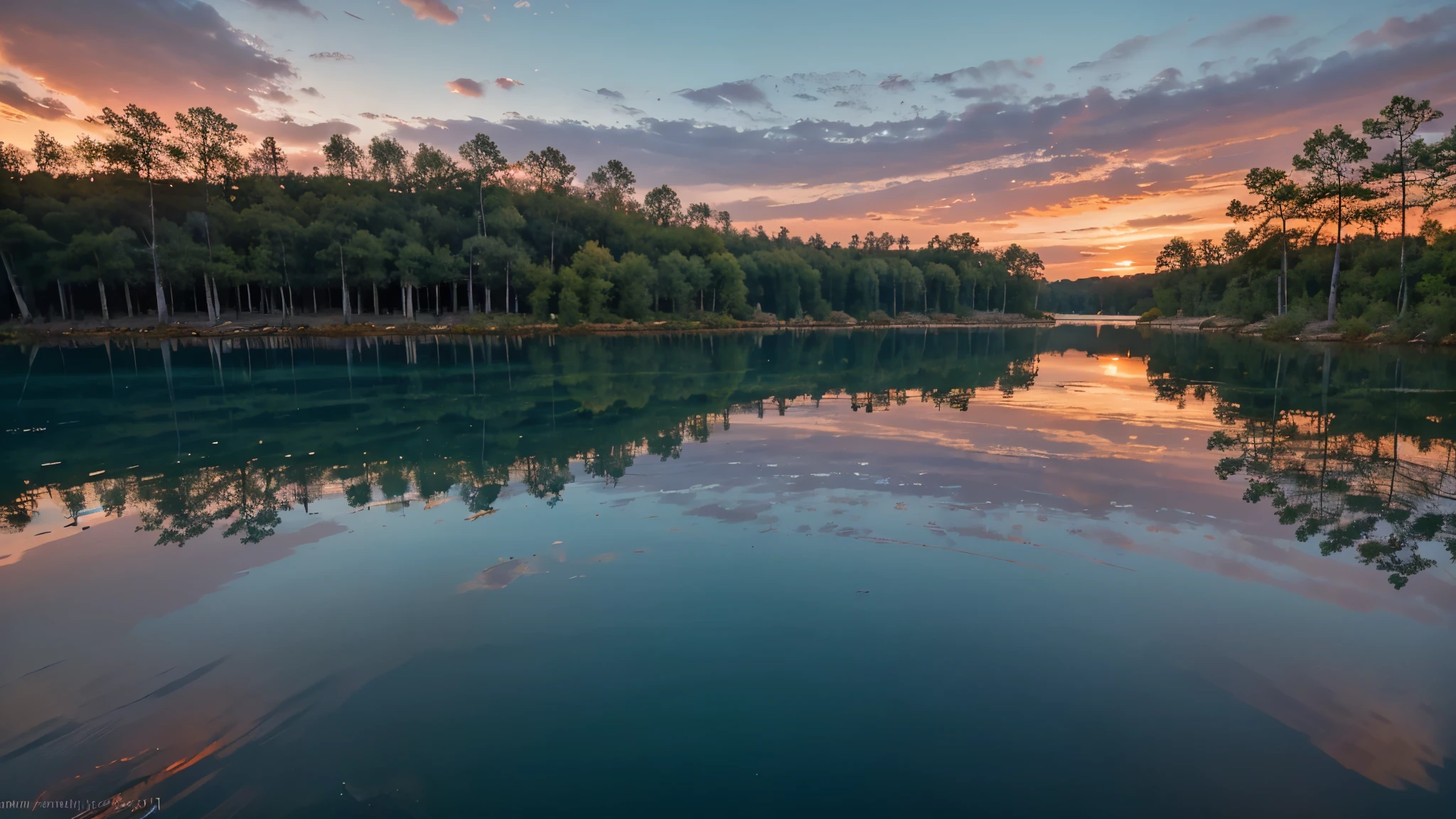 Photographic quality, realistic photography, high detail. Azure tones, stunning close-up of the lake at dawn, with the reflection of the red sun in the water, diverging circles on the water, surrounded by a dense forest of oaks, birches and thickets, dense forest