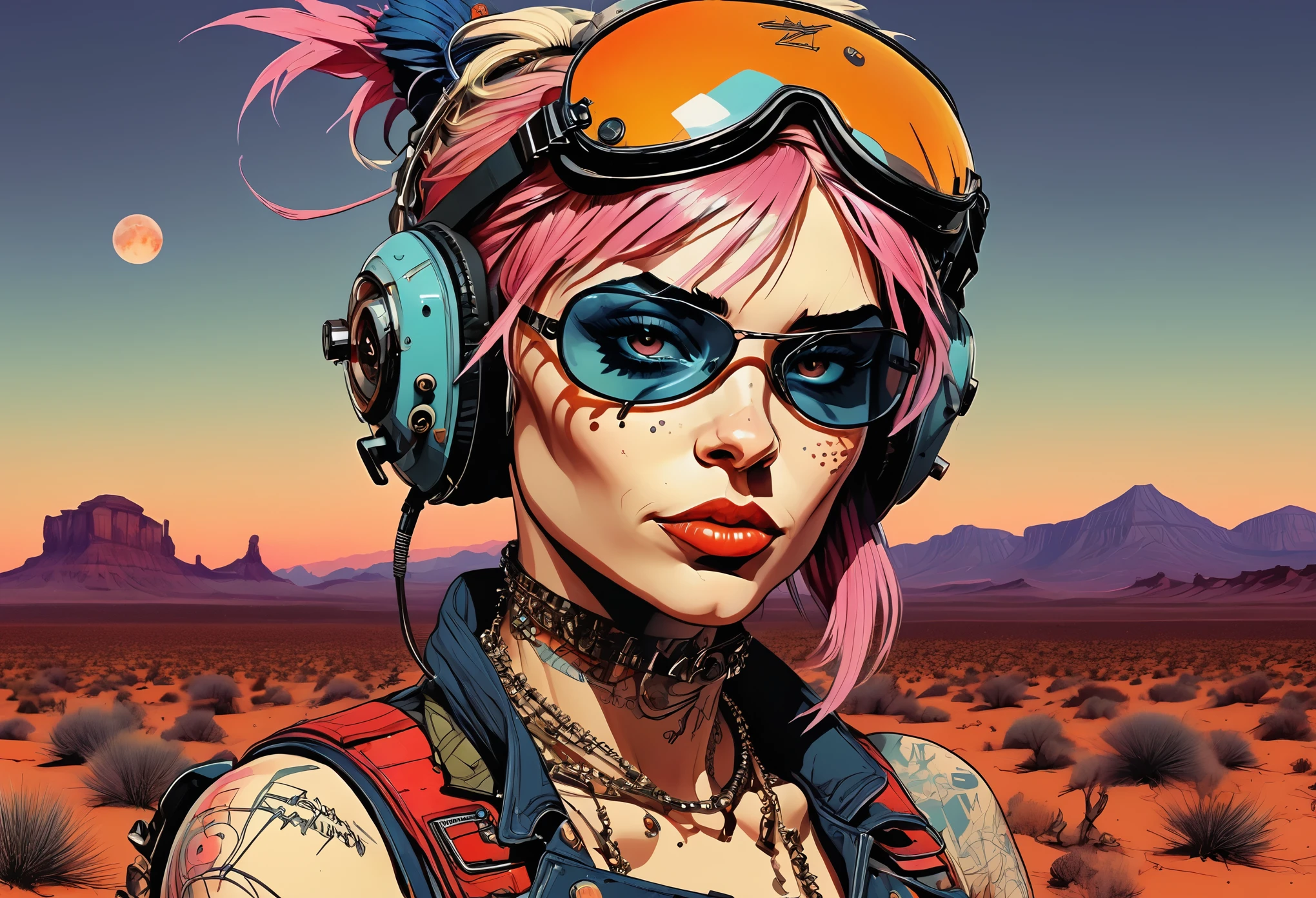  vector art style illustration, vector art graphics, created with sacred geometry mathematical vectors,  that features bold, vibrant colors and clean, crisp lines,  Tank Girl candid portrait (Jamie Hewlett style), smug grin, arrogant, disdainful, mocking, assured, confident, hand drawn ink, cel shading, perfect mastercraft nuance, highly detailed complex illustration, american animation art style, hyper maximal, strange, intense, desert dusk backdrop, 