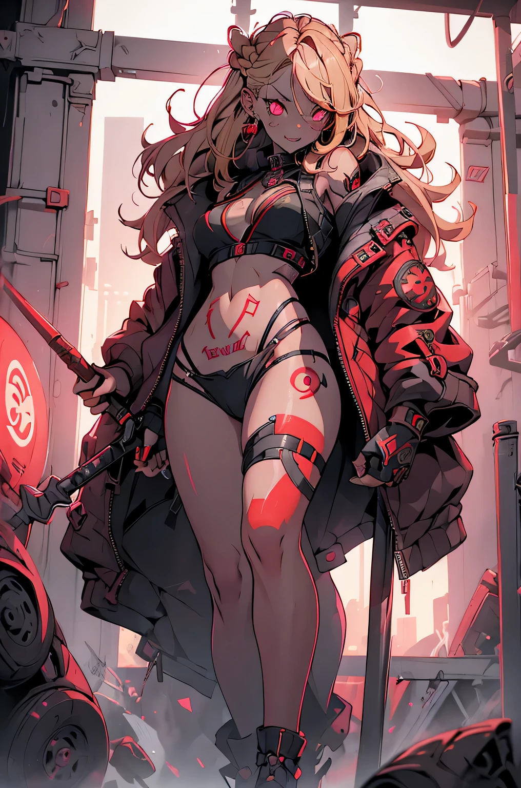1girl, rebecca \(cyberpunk\), full body, solo, blonde braid hair, glowing red eyes,laugh fearlessly, leg tattoo, neck tattoo, large chest, black bra, thong, red pupils, skin fang, red eyes, black jacket, carry a big hammer on your shoulder、dynamic angle、dynamic pose、
