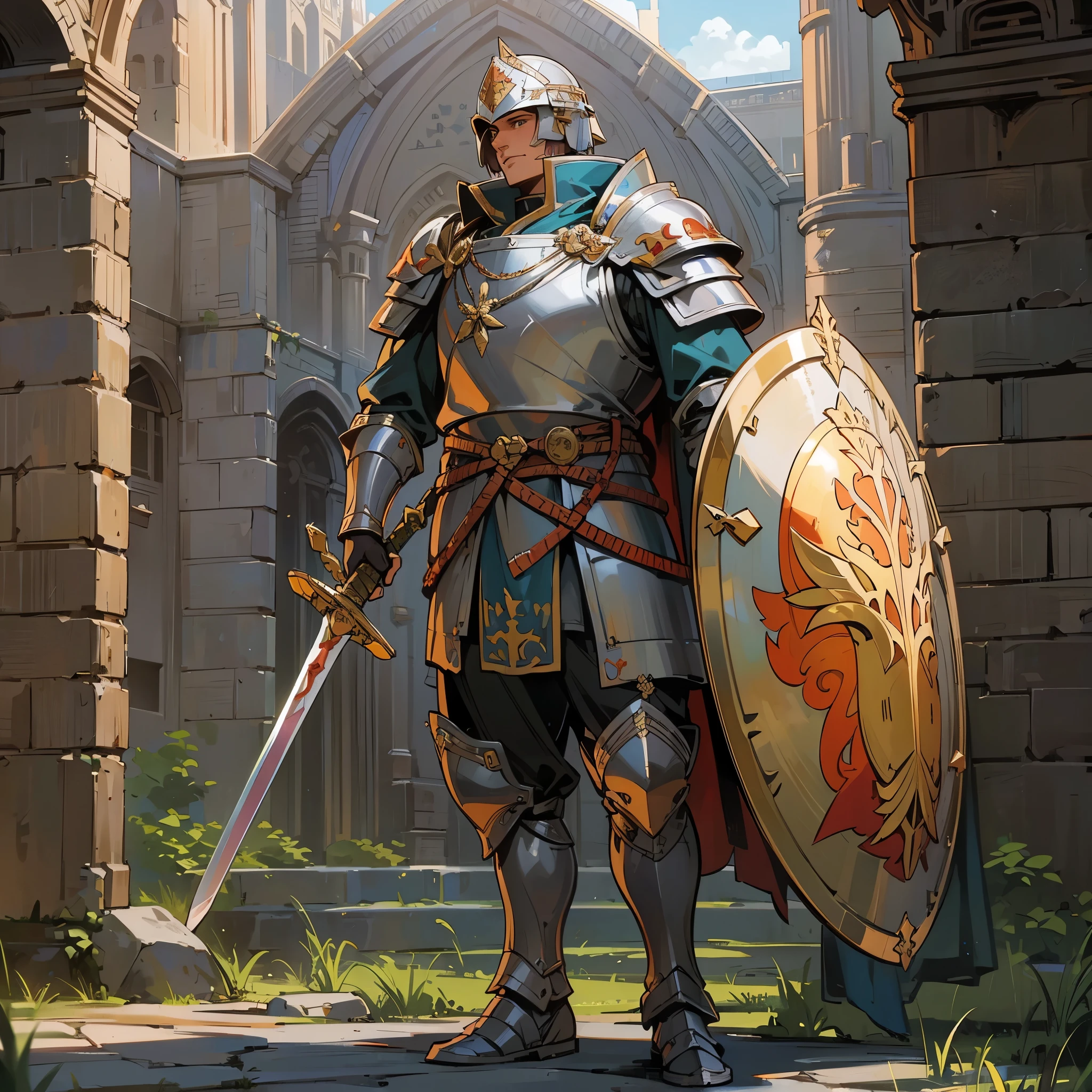 a man(European medieval warrior，Soldier，guardsman)，wearing a helmet，wearing armor，holding sword，Take the shield，Standing at the city gate。Medium shot composition，full body pictures，Characters and scenes，Anime illustration style，HD，4K。