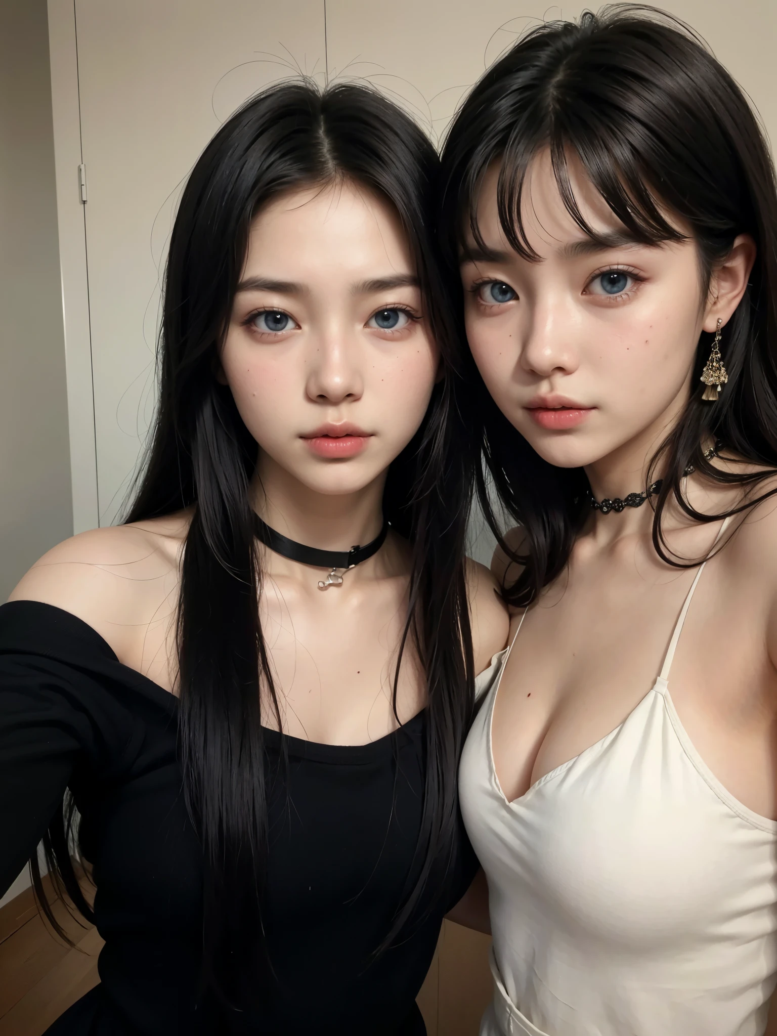 Two Asian women posing for a photo in a room., con negro, ulzzang, maquillaje popular de corea del sur, maquillaje coreano popular, 8k selfie photography, ambos tienen labios rojos, two girls, 4k ], 4k], dos modelos en el marco, asian features, nixeu y sakimichan, rasgos de la cara coreana, muchacha coreana, blue eyes, black hair, rostro adorable, realista 