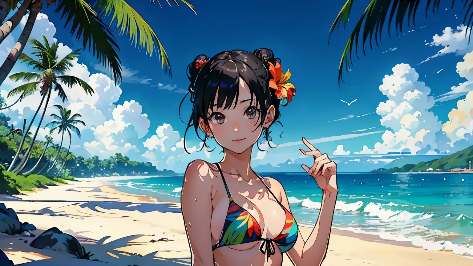 ((highest quality, masterpiece, High resolution))、beautiful japanese woman、((anime art))、 ((3 women))、18-year-old、(the three of us are good friends)、(Frolic on the beach)、 (Detailed depiction of a beautiful face)、smile gently、realistic face、 small breasts、slim body shape、medium short hair、semi-long、bun hair、Wet see-through bikini、bikini swimwear、one piece swimsuit、Wrap your waist in fabric with bold ethnic patterns and plenty of primary colors.。.、realistic skin、Wet、whole body、(Beautiful tropical beach landscape photography)、cinematic light、tropical、(flowers on the beach)、Against the background of palm trees、on a sunny beach、With the sea in the background、squall、rainbow、blur background、