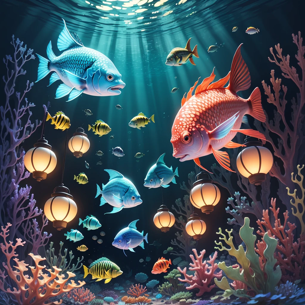 (best quality, highres:1.2), vector graphics, chrome Lantern Fish, detailed scales, vibrant colors, underwater scene, realistic lighting, glowing eyes, shimmering fins, underwater plants, colorful coral reef, depth of field, ocean depths, bio-luminescence