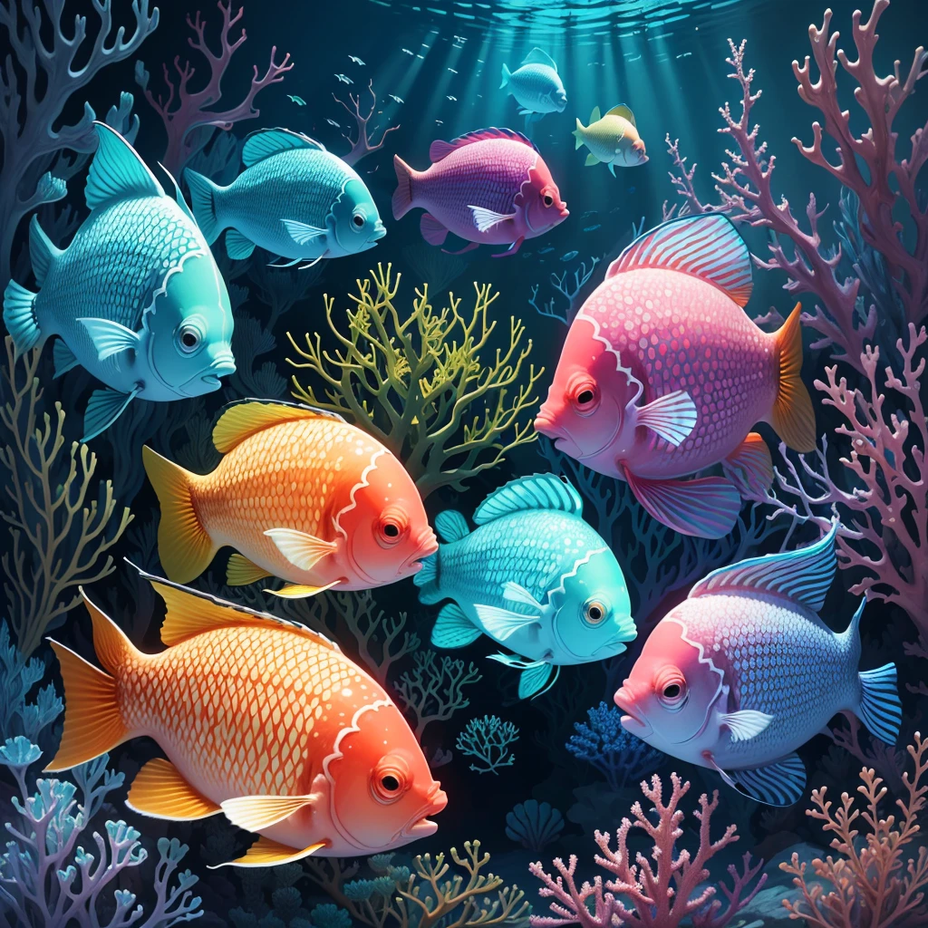 (best quality, highres:1.2), vector graphics, chrome Lantern Fish, detailed scales, vibrant colors, underwater scene, realistic lighting, glowing eyes, shimmering fins, underwater plants, colorful coral reef, depth of field, ocean depths, bio-luminescence