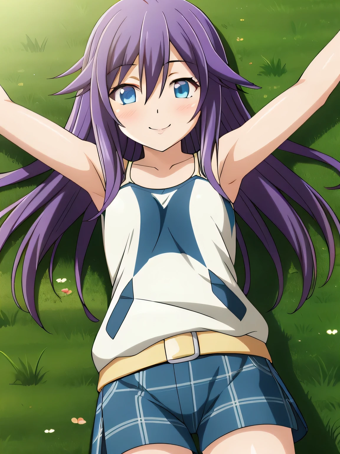 mizore_shirayuki ,1girl, solo, spread arms, smile, lying, on back, on grass, looking at viewer, solo, in the center, cowboy shot, high quality, arms up, closed mouth,