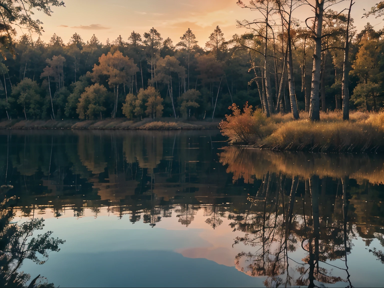 A stunning close-up of the lake at dawn, with the reflection of the red sun in the water and diverging circles, surrounded by a dense forest of oaks, birches and thickets. Photographic quality, realistic photography. Azure tones