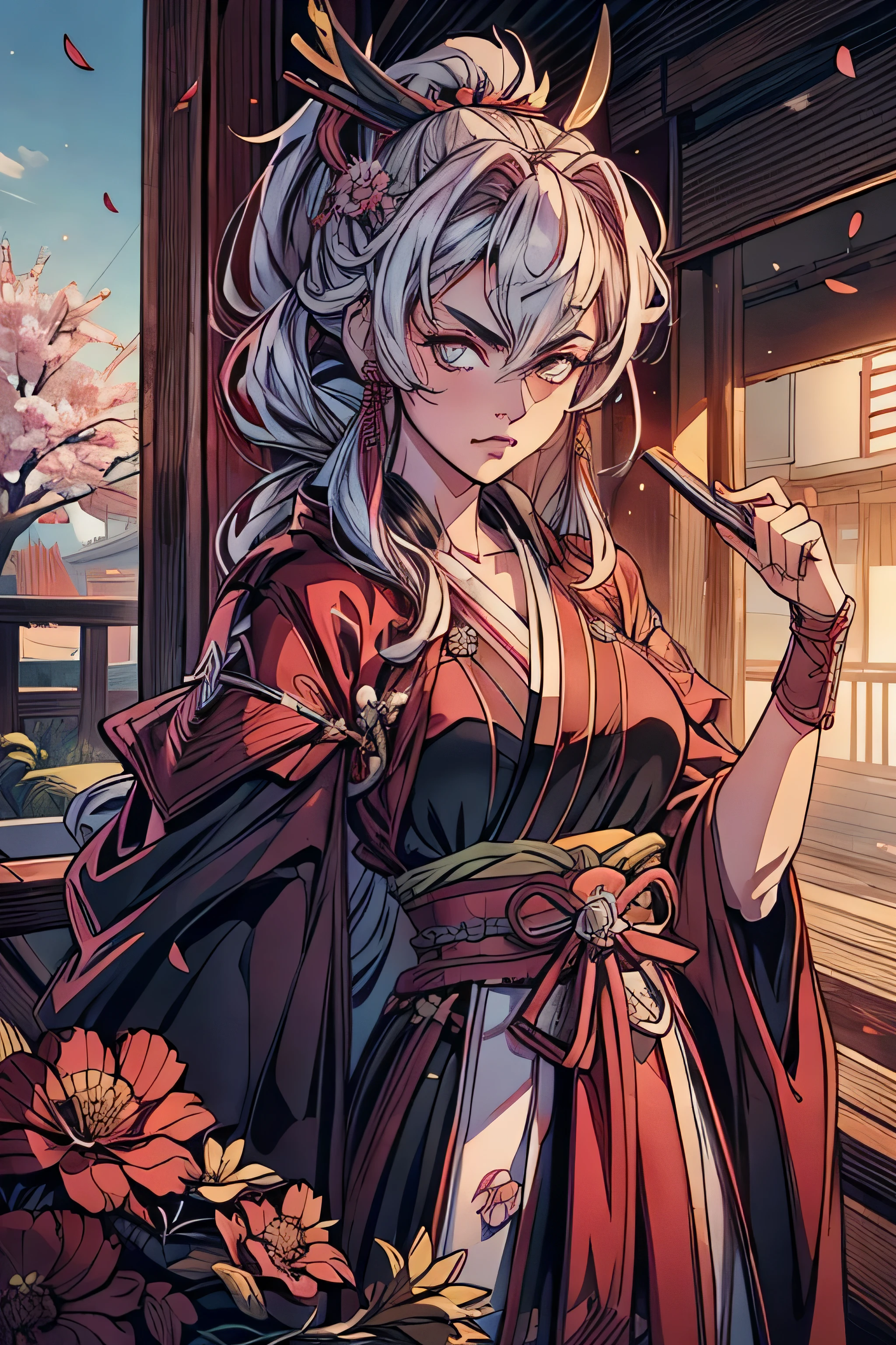 mulher samurai, cabelo branco longo, face of fury, looking directly at the camera, paleta de cores rosa, flores cerejeira, cherry petals, segurando katana, full samurai armor, personagem de costas, looking directly into the camera, close up on face, espadas katanas duplas presas nas costas.