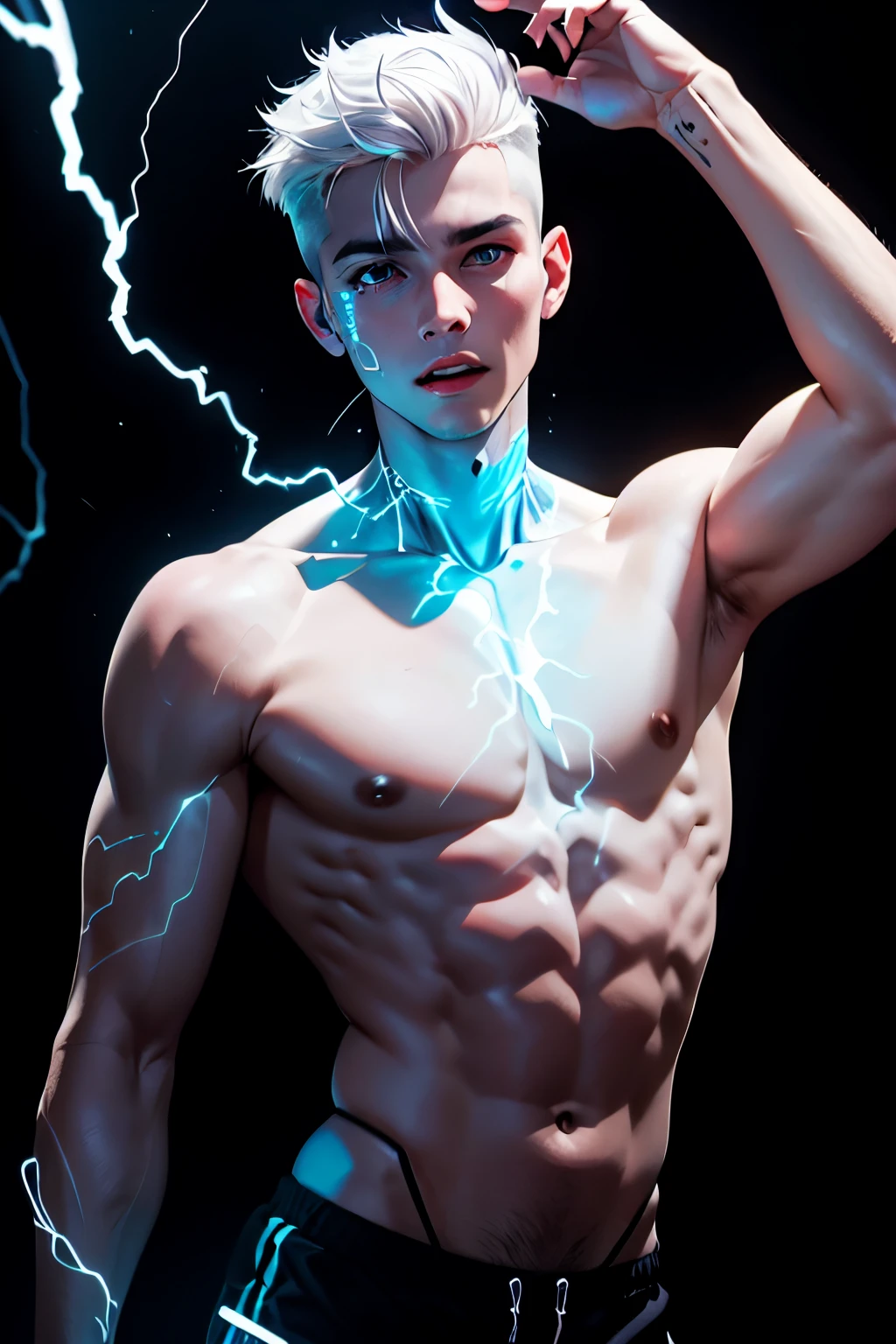 masterpiece,best quality,ultra-detailed,1boy,blue lighting,blue electricity,wrapped in electricity all over the body,black_background,rain,white hair,white