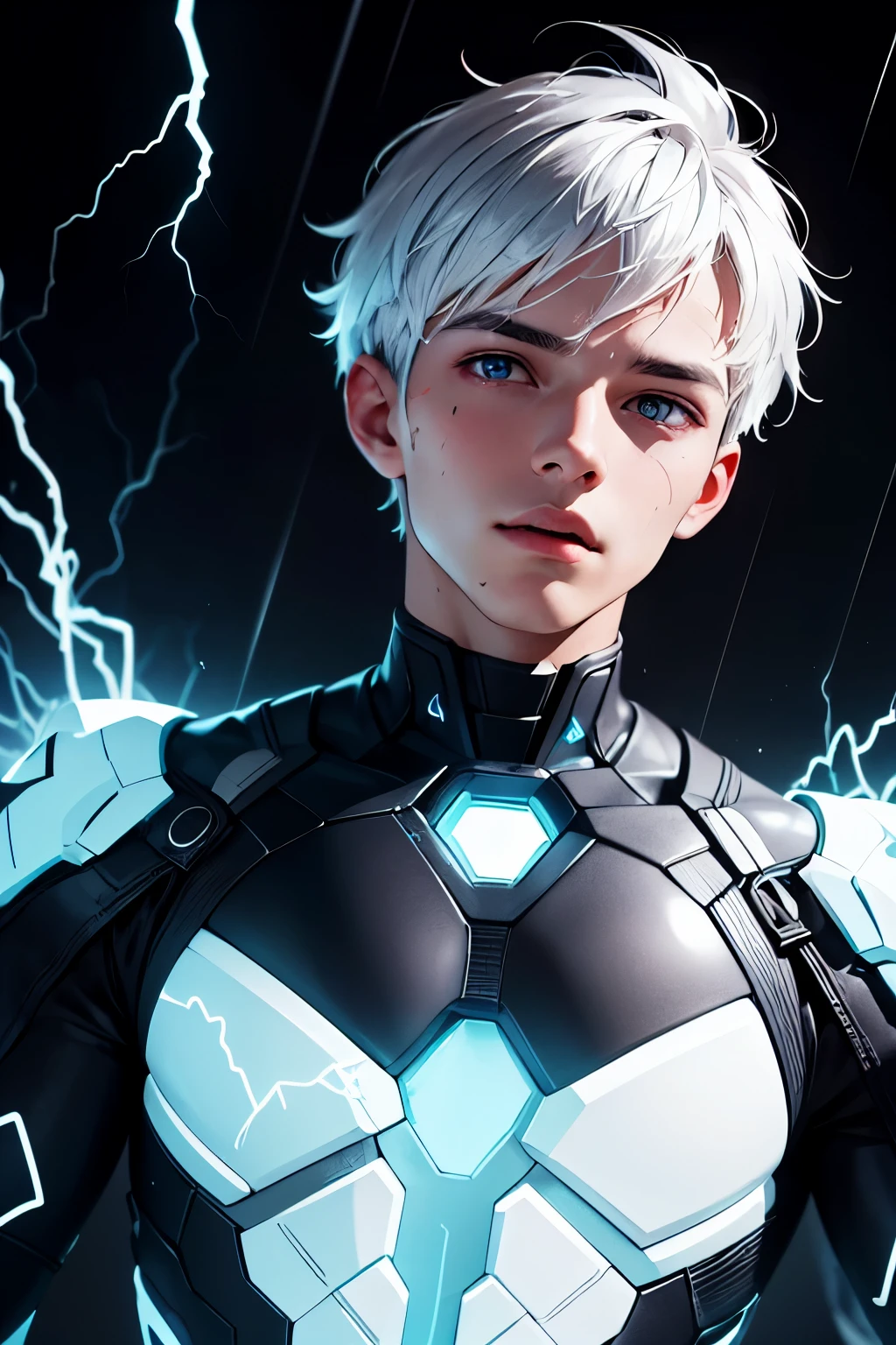 masterpiece,best quality,ultra-detailed,1boy,blue lighting,blue electricity,wrapped in electricity all over the body,black_background,rain,white hair,white