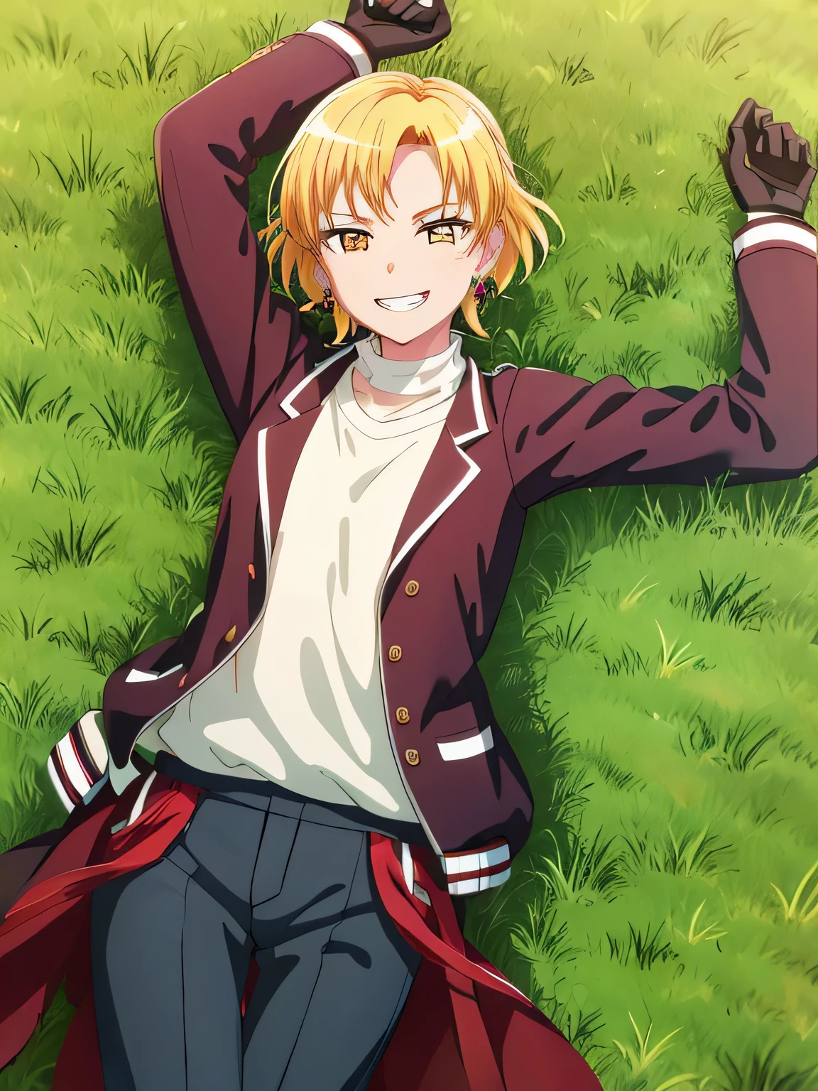 MASKING, 1girl, solo, looking at viewer, smile, short hair, blonde hair, shirt, gloves, long sleeves, ribbon, brown eyes, jewelry, jacket, yellow eyes, white shirt, earrings, pants, grin, solo, spread arms, smile, lying, on back, on grass, looking at viewer, solo, in the center, cowboy shot, high quality,