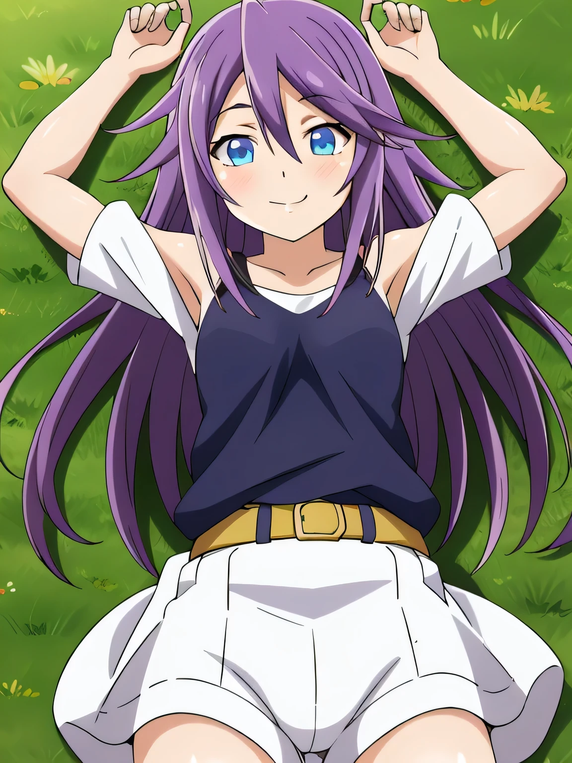 mizore_shirayuki ,1girl, solo, spread arms, smile, lying, on back, on grass, looking at viewer, solo, in the center, cowboy shot, high quality, arms up, closed mouth,