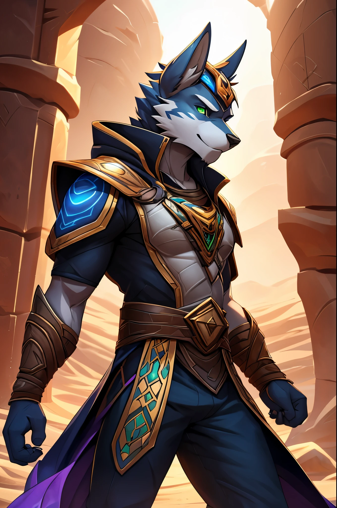 male, Wolf anthro, solo, light green eyes, (Realistic eye details 1.2), there is a Male with a sword standing in a desert, starfinder character, starfinder style, style of starfinder, from pathfinder, cosmic tiefling d&d, by Jason Benjamin, by Kieran Yanner, an undead desert lich pharaoh, desert fighter ancient mage, full art illustration, epic full color illustration, turian, full color illustration, in a panoramic view, masterpiece, Abstract beauty, ultra detailed face, depth of field, motion blur, high details, high quality, award winning, HD, 16k, (best quality,4k,8k,highres,masterpiece:1.2),ultra-detailed,realistic:1.37,HDR,UHD,studio lighting,extreme detail description,professional,vivid colors,bokeh,lively atmosphere, natural lighting