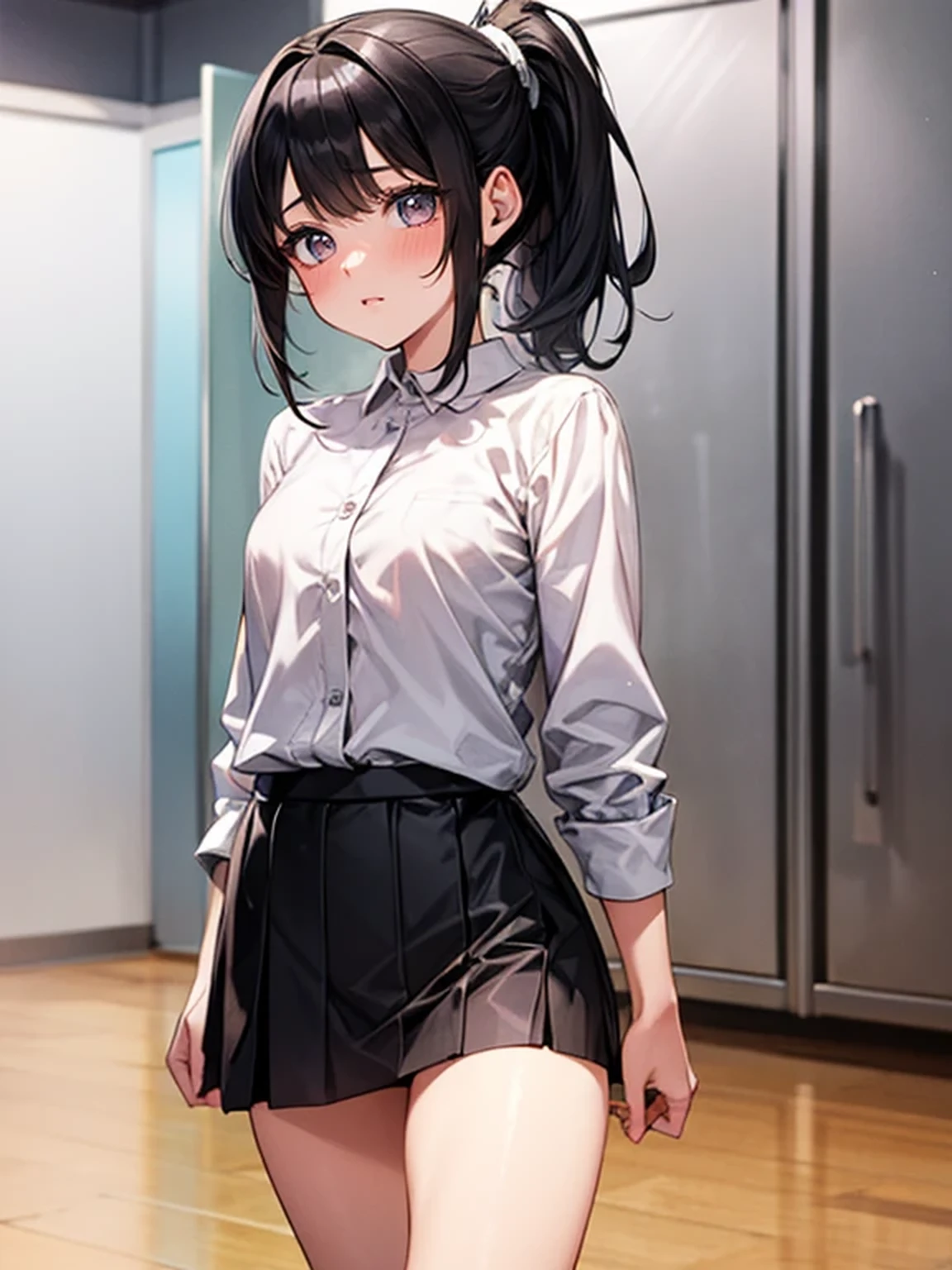 10Generation girl(naked)mini skirt high resolution high quality black hair face blush ponytail