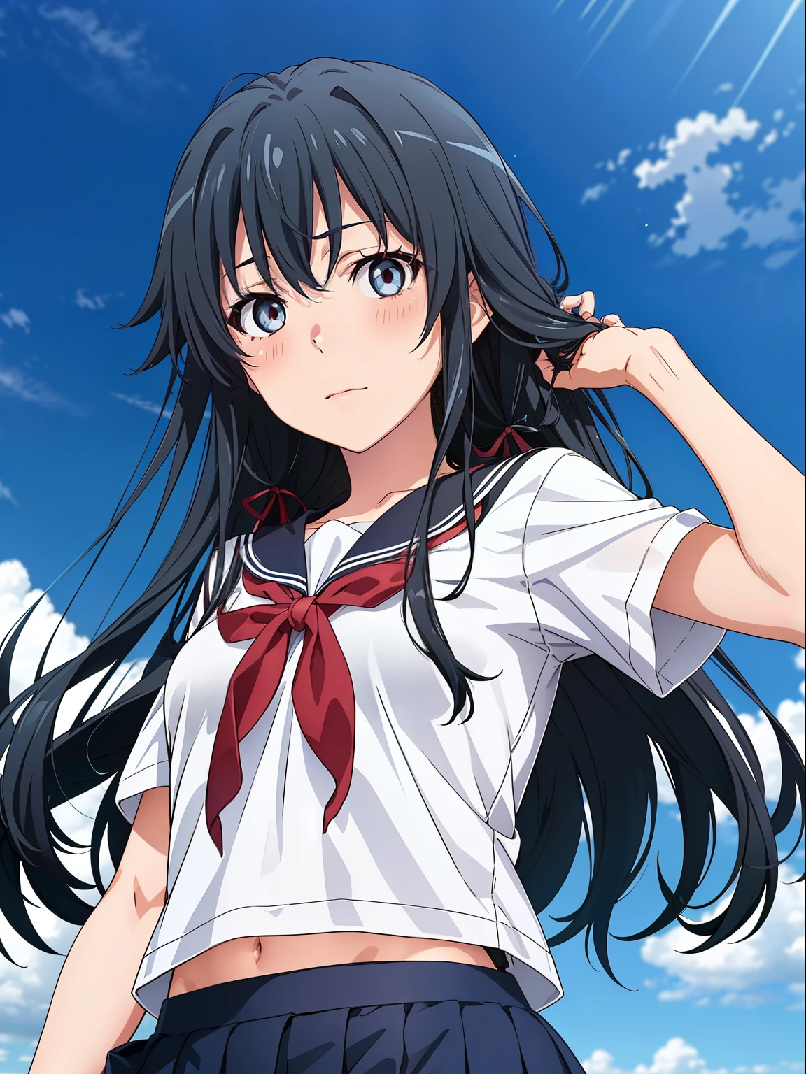 ((highest quality, High resolution, perfect pixel, written boundary depth, 4k)), 1 girl, beautiful anime girl,
close, looking at the viewer,
perfect body,
yukinoshita yukino, dark hair,
Sailor Uniform, red ribbon,
(blush:1.2), sky and clouds background,
from below, upper body,