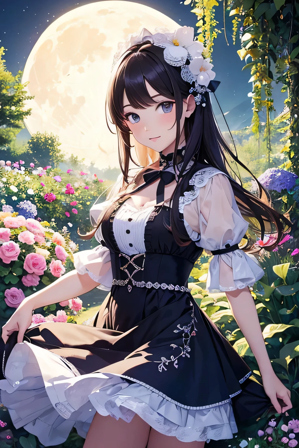 highest quality, expensive_solve, clear_image, detailed background ,girl, flower,garden,moon,