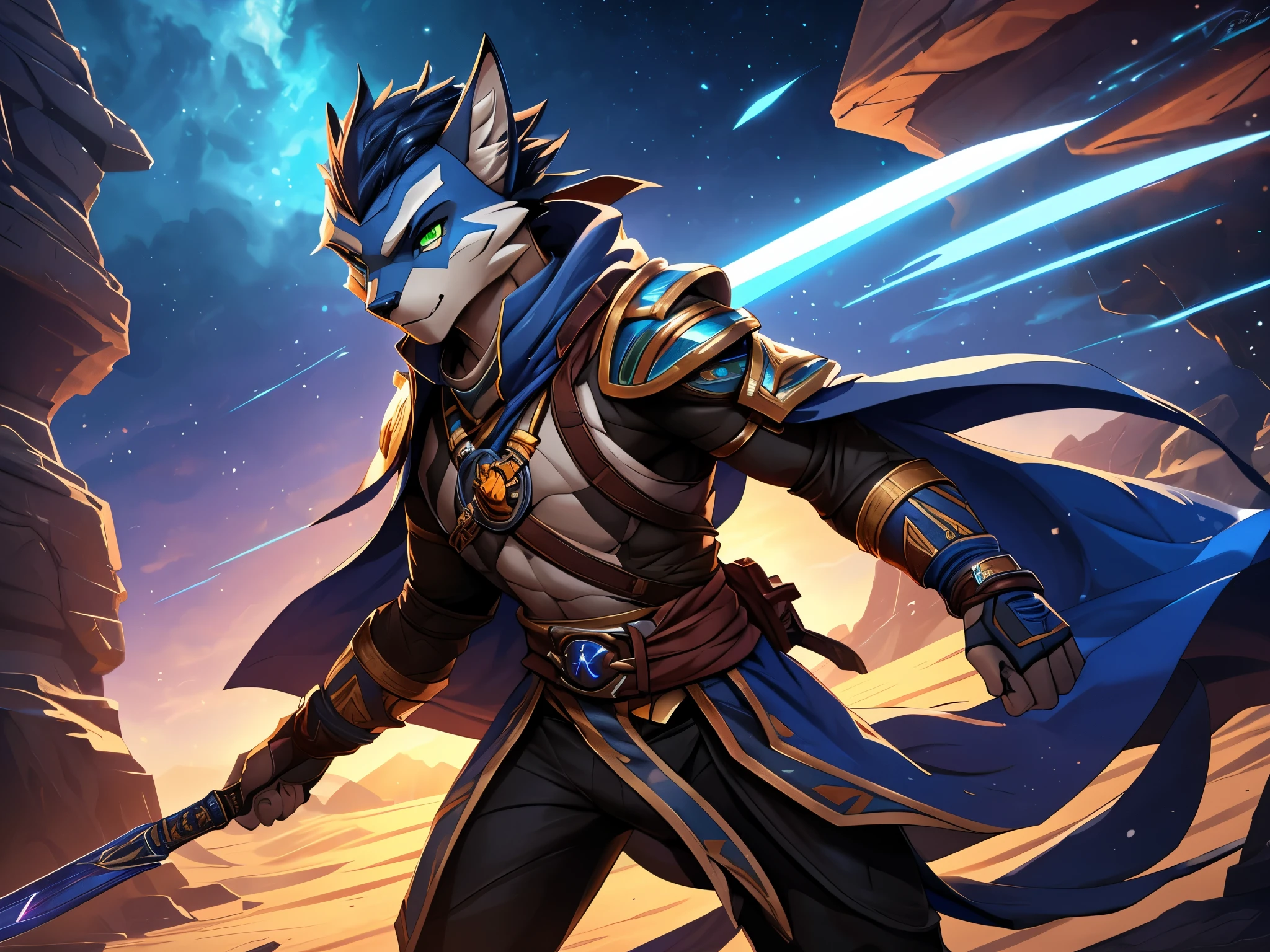 male, Wolf anthro, solo, light green eyes, (Realistic eye details 1.2), there is a Male with a sword standing in a desert, starfinder character, starfinder style, style of starfinder, from pathfinder, cosmic tiefling d&d, by Jason Benjamin, by Kieran Yanner, an undead desert lich pharaoh, desert fighter ancient mage, full art illustration, epic full color illustration, turian, full color illustration, in a panoramic view, masterpiece, Abstract beauty, ultra detailed face, depth of field, motion blur, high details, high quality, award winning, HD, 16k, (best quality,4k,8k,highres,masterpiece:1.2),ultra-detailed,realistic:1.37,HDR,UHD,studio lighting,extreme detail description,professional,vivid colors,bokeh,lively atmosphere, natural lighting
