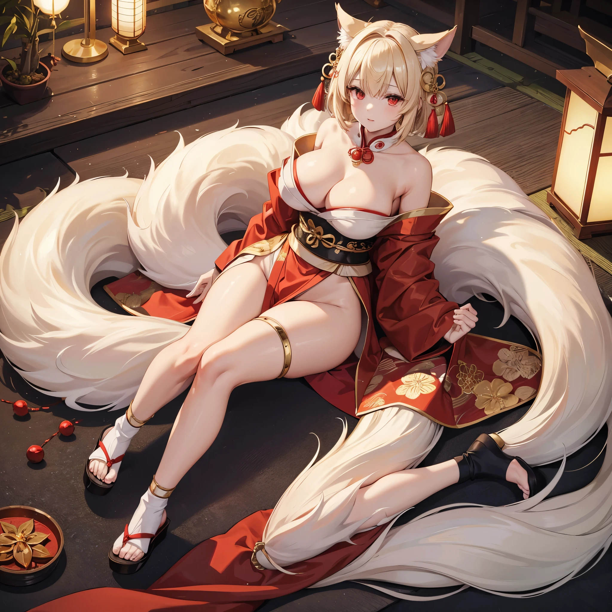 A woman with beige hair, hair with several fringes, short hair, red eyes, red kimono with gold details, exposed shoulder, large breasts, exposed thighs, wearing traditional gold Japanese jewelry, gold Japanese jewelry on her head, long black socks, ears kitsune, kitsune tail, multi-tail, female slipper, in a Japanese garden,very detailed, masterpiece, high quality, ultra resolution, 4k hd
