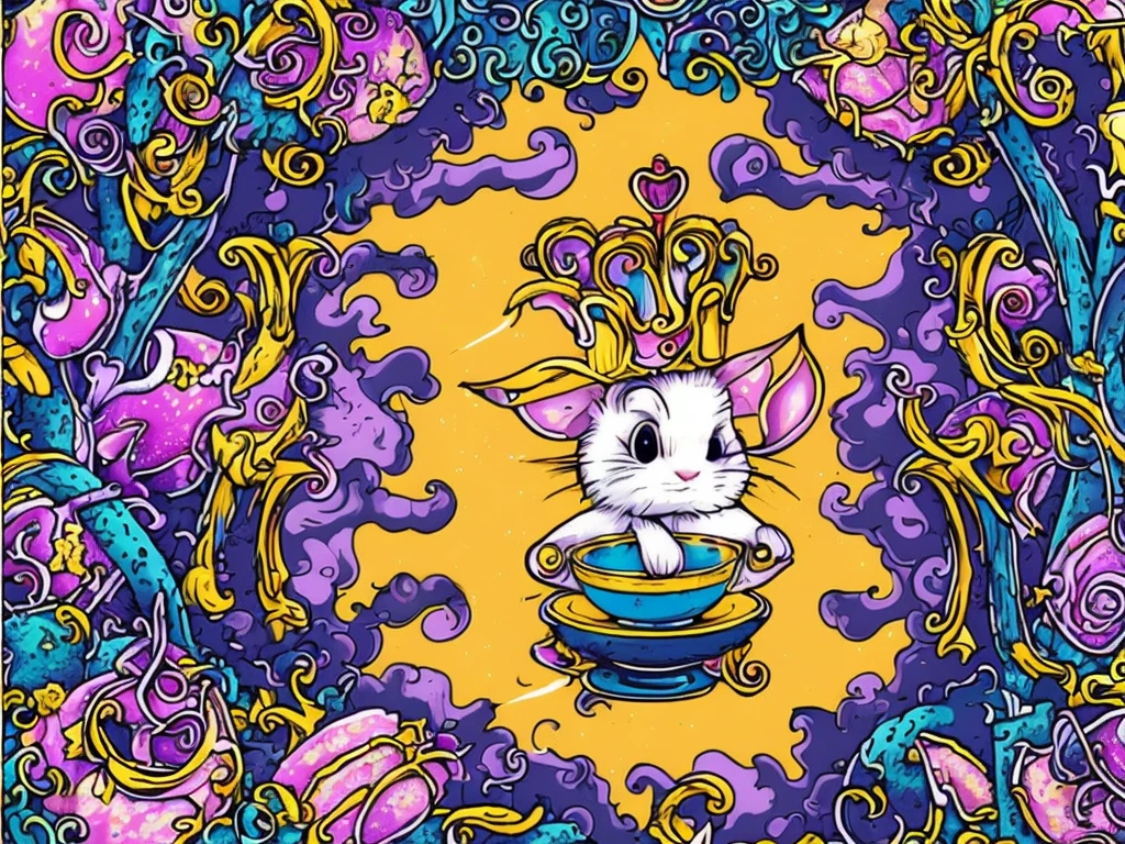 (best quality,ultra-detailed,vector art:1.2),Alice in Wonderland,whimsical,beautiful detailed eyes,beautiful detailed lips,longeyelashes,garden,enchanted mushrooms,mystical creatures,rabbit hole,storybook-like,twisted trees,enchanted flowers,magical colors,soft lighting,curious girl,wonderment,adventure,mysterious keys,tea party,playing cards,dressed as a queen,fantasy elements,enchanted realm,floating objects,flying in the air,hidden doors and passages,magical potion,vivid colors,interacting with animals,enchanted tea set,wandering around,curious expressions,bewildered,amazing illustrations,imaginary world,unusual characters