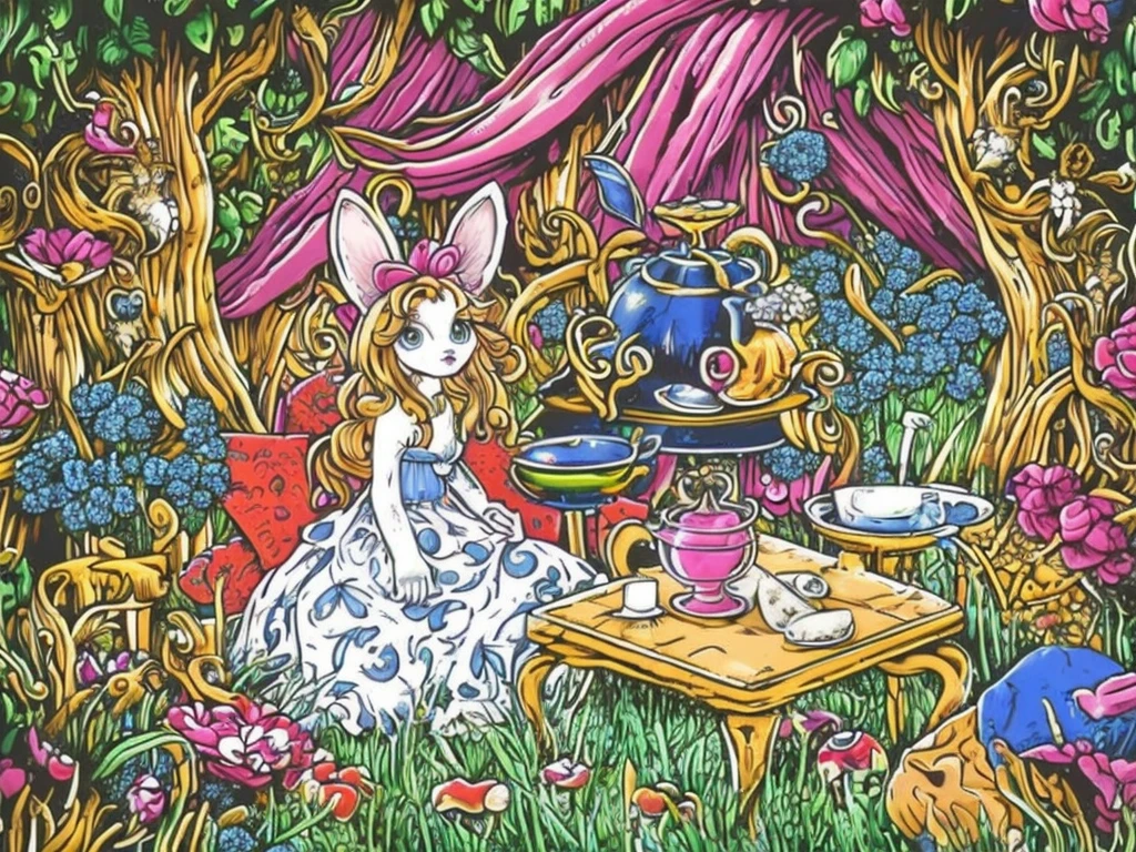 (best quality,ultra-detailed,vector art:1.2),Alice in Wonderland,whimsical,beautiful detailed eyes,beautiful detailed lips,longeyelashes,garden,enchanted mushrooms,mystical creatures,rabbit hole,storybook-like,twisted trees,enchanted flowers,magical colors,soft lighting,curious girl,wonderment,adventure,mysterious keys,tea party,playing cards,dressed as a queen,fantasy elements,enchanted realm,floating objects,flying in the air,hidden doors and passages,magical potion,vivid colors,interacting with animals,enchanted tea set,wandering around,curious expressions,bewildered,amazing illustrations,imaginary world,unusual characters