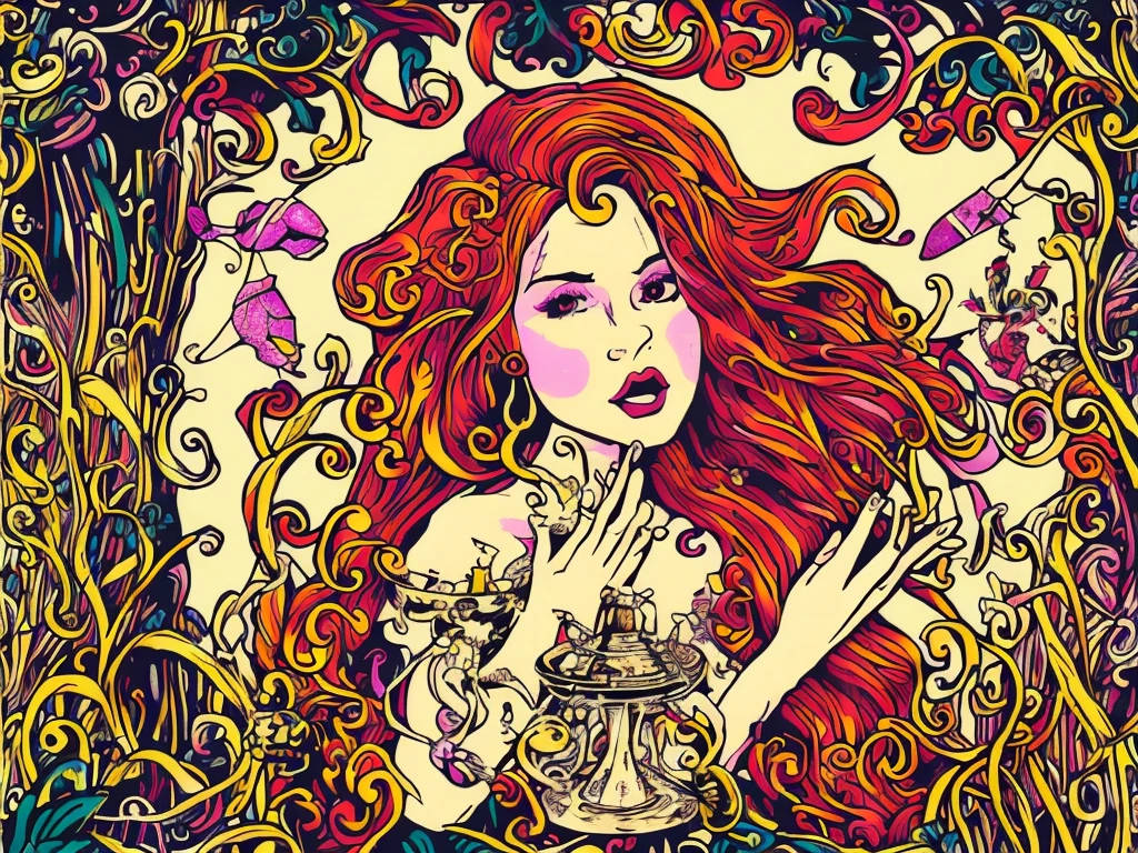 (best quality,ultra-detailed,vector art:1.2),Alice in Wonderland,whimsical,beautiful detailed eyes,beautiful detailed lips,longeyelashes,garden,enchanted mushrooms,mystical creatures,rabbit hole,storybook-like,twisted trees,enchanted flowers,magical colors,soft lighting,curious girl,wonderment,adventure,mysterious keys,tea party,playing cards,dressed as a queen,fantasy elements,enchanted realm,floating objects,flying in the air,hidden doors and passages,magical potion,vivid colors,interacting with animals,enchanted tea set,wandering around,curious expressions,bewildered,amazing illustrations,imaginary world,unusual characters