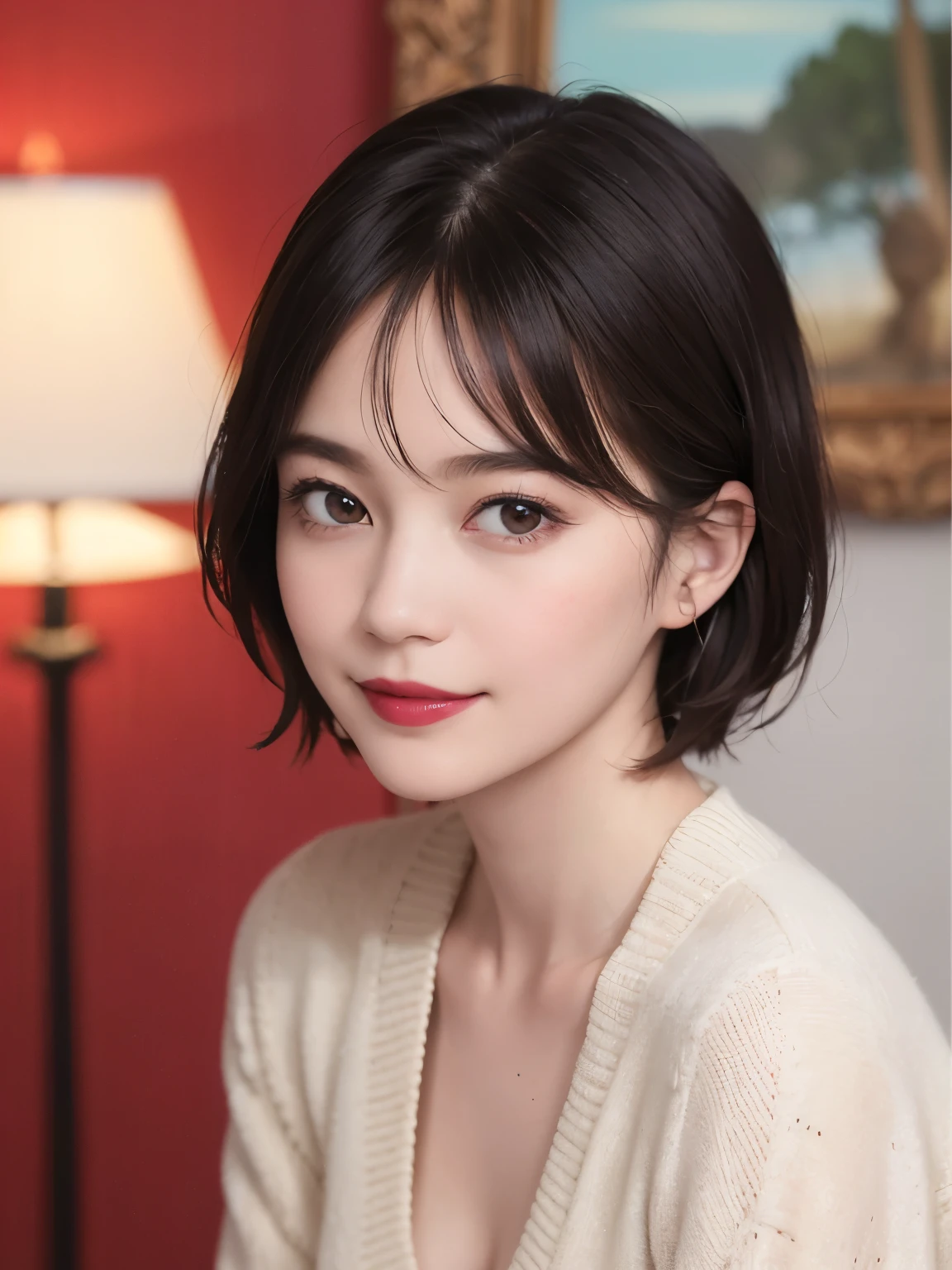 196 (snapdd00-Fp16), 1-9-6, woman, gentle smile, lipstick, short hair, The background is an avant-garde abstract painting., big picture frame