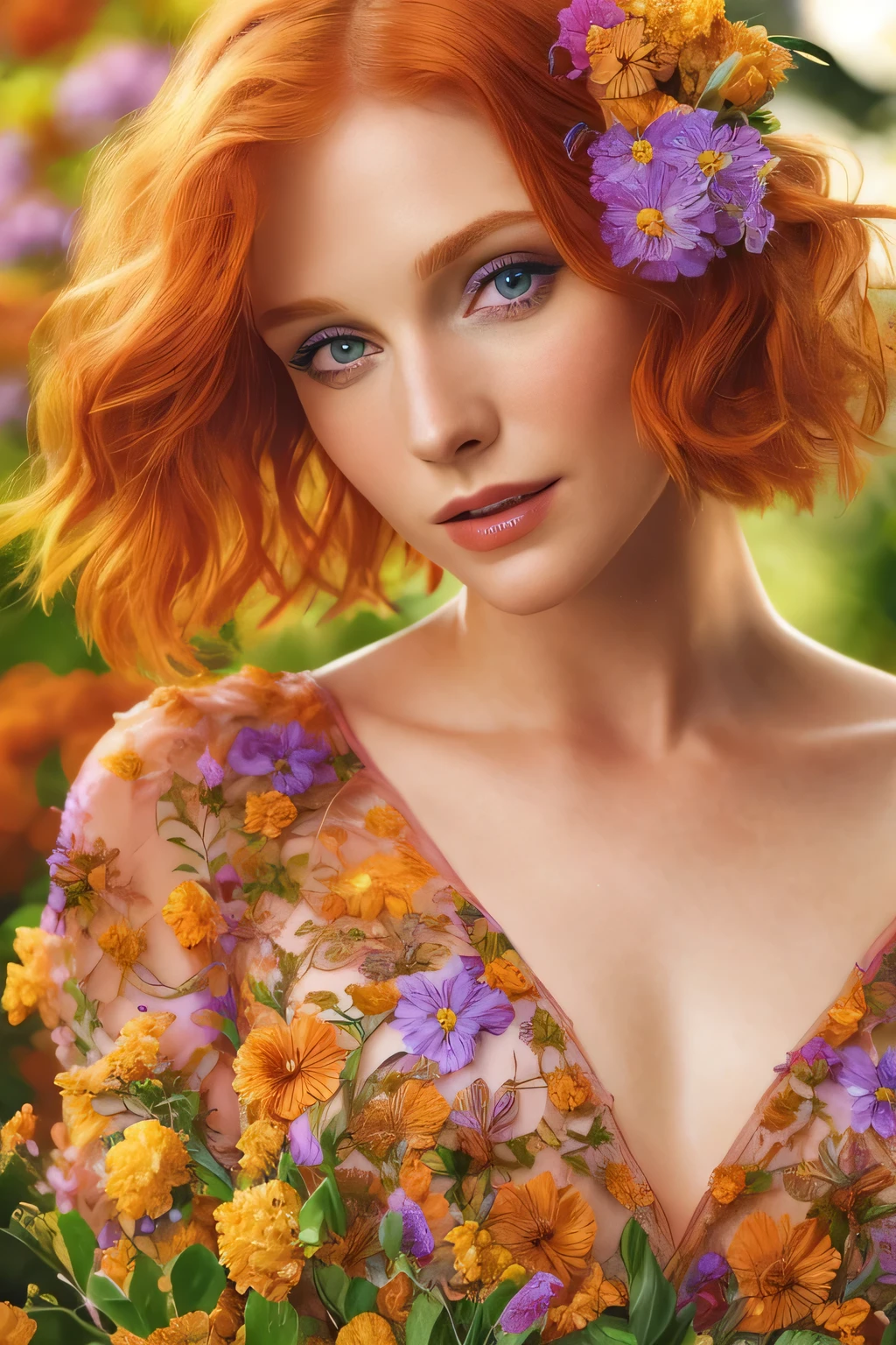 Masterpiece, (Bryce Dallas Howard: 0.5), 20 years, young, short hair, vivid orange hair, shy, cute, playful smile, high detail face, high detail skin, delicate colorful floral dress, (high detail eyes:1.3), (small breasts:1.2), (strong athletic body), garden wiith colorful flowers background, (UHD, 8K wallpaper, High resolution), Cinematic lighting, award-winning, extremely white detailed skin, extra detailed face, high detail eyes, photo-realistic, Zeiss 85 mm F/1.4, by Ellen von Unwerth