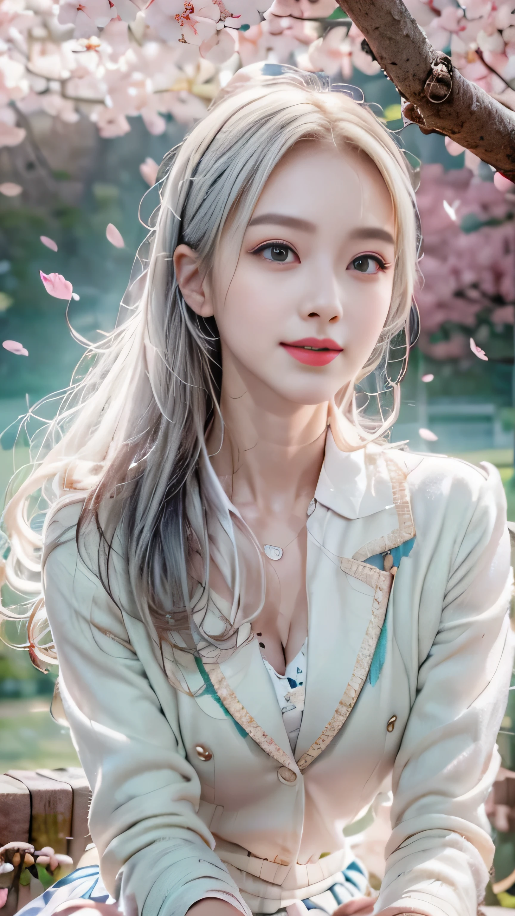 ((girl sitting on a row of cherry blossom trees)),top quality work,Real work,Ultra premium graphics,8K HD CG作品,high quality graphics,High-definition CG works,10x pixels,super fine details:1.1,Advanced technical details:1.1Photo-realistic,indoor lighting effects:1.5,Natural light:1.5. light effect(virtual light effect:1.8),超A high resolution,shiny red dress,長いsilver hair,silver hair,transparent hair,high detail hair(premium hair detail:1.1)clear eyes,beautiful double eyelids,sharp eye makeup, delicate eyelash makeup, thin eyebrows, highly detailed eyes,high nose, nice red lips, rose cheeks, A face with delicate makeup , cute face, perfectly proportioned face,(Advanced facial details:1.1),shiny,wonderful dress,bright red series,(white blazer) 、(white blouse)、(red bow tie)、(checked skirt)、(My skirt flies up in the wind)、white panties are visible、girls school uniform、photo shoot,woman'artwork of,full body figure,realism,wonderful,My eyes are shining today、(smile),(Cherry blossom petals are dancing)、((In a blizzard of flowers))、(smile),