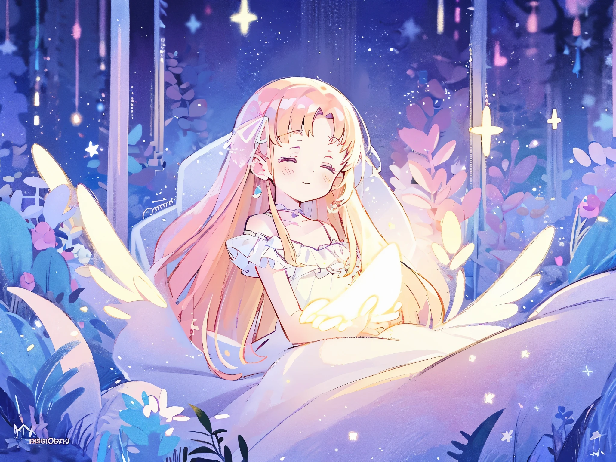 complex background, wishing star background, a woman wearing an ethereal mystical pink translucent dress that reflects the stars, perfume promo art, mystic, complex drawing, highly detailed, Covergirl brand, promo art, artistic rendition, ethereal, starry night, midjourney style, flowers, plants, magical star garden