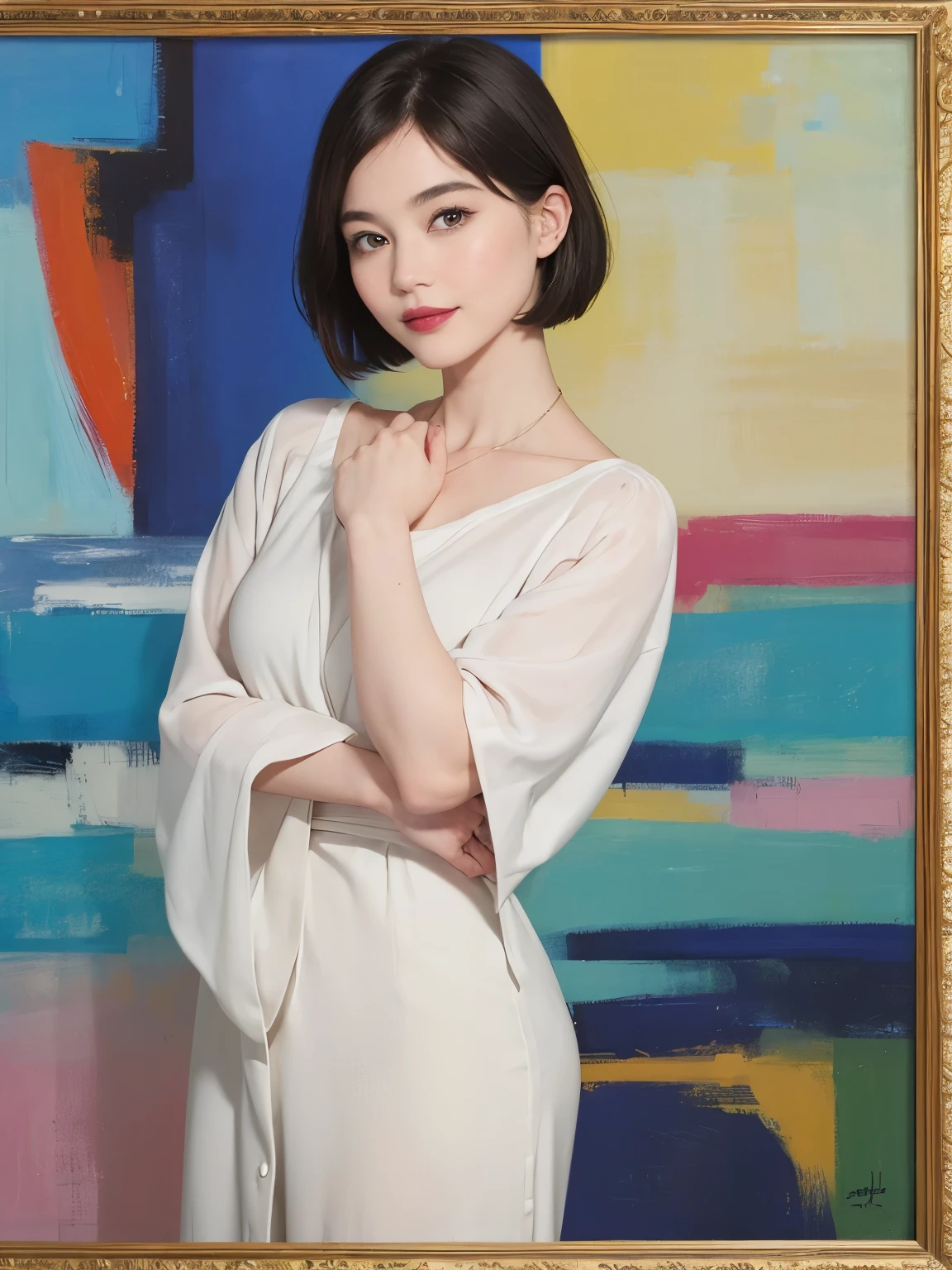 196 (snapdd00-Fp16), 1-9-6, woman, gentle smile, lipstick, short hair, The background is an avant-garde abstract painting., big picture frame