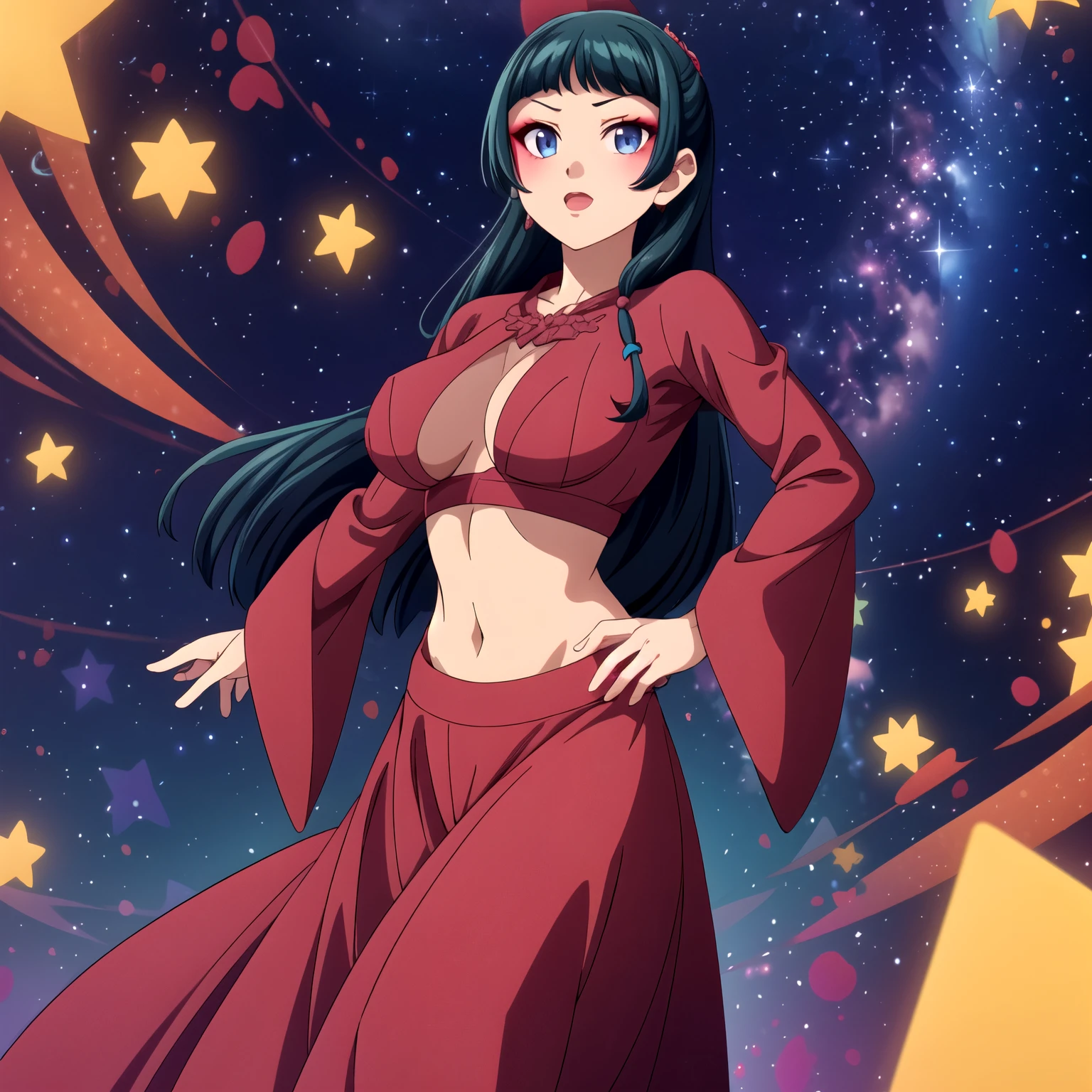 solo,
maomao,1girl,long hair,makeup,
red dress,wide_sleeves,midriff,shawl,
long_skirt,night stars,show tits,freee the nipple