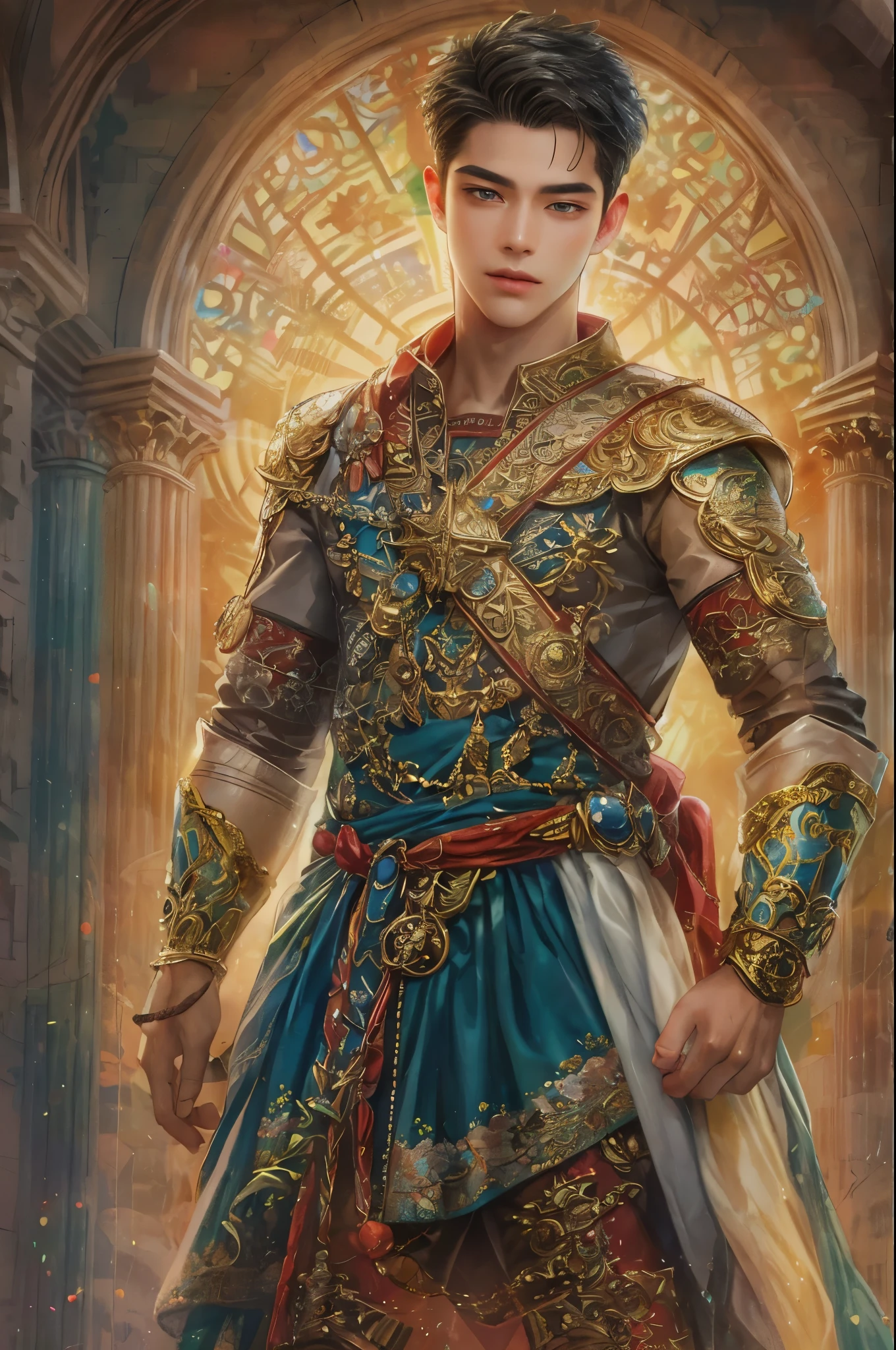 (masterpiece, top quality, best quality, official art, beautiful and aesthetic:1.2), boy, handsome, short hair, extreme detailed faces, Encantadia character in male version, Philippine series Encantadia, diwata male version , colorful, highest detailed, (perfect face), shiny skin, HDR, detailed surroundings, church of the Philippines ,