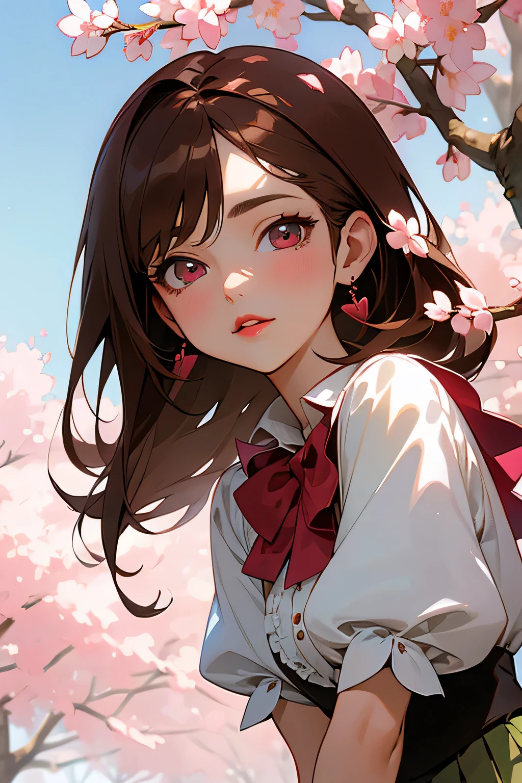 masterpiece, top quality, super detailed, high resolution, (ink painting style), excellent anatomy, 1 beautiful woman, (shining eyes, detailed beautiful face), be familiar with illustration, 8K, anime, (casual dress, spring fashion), (blouse with white ruffles, lime green pleated skirt), cute pose, cute face, be familiar with face, beautiful eyes, dark red eyes, be familiar with eyes, red lips, red lipstick, little brown hair, (pink flowers in ears, earrings), (white ankle short boots), hair highlights, standing, cherry blossoms are blooming on the tree behind me, blue sky with clouds, be familiar with, complex, anime style, highly be familiar with, (beautiful anime), best light, best shadow, mysterious, perfect face, highly detailed,